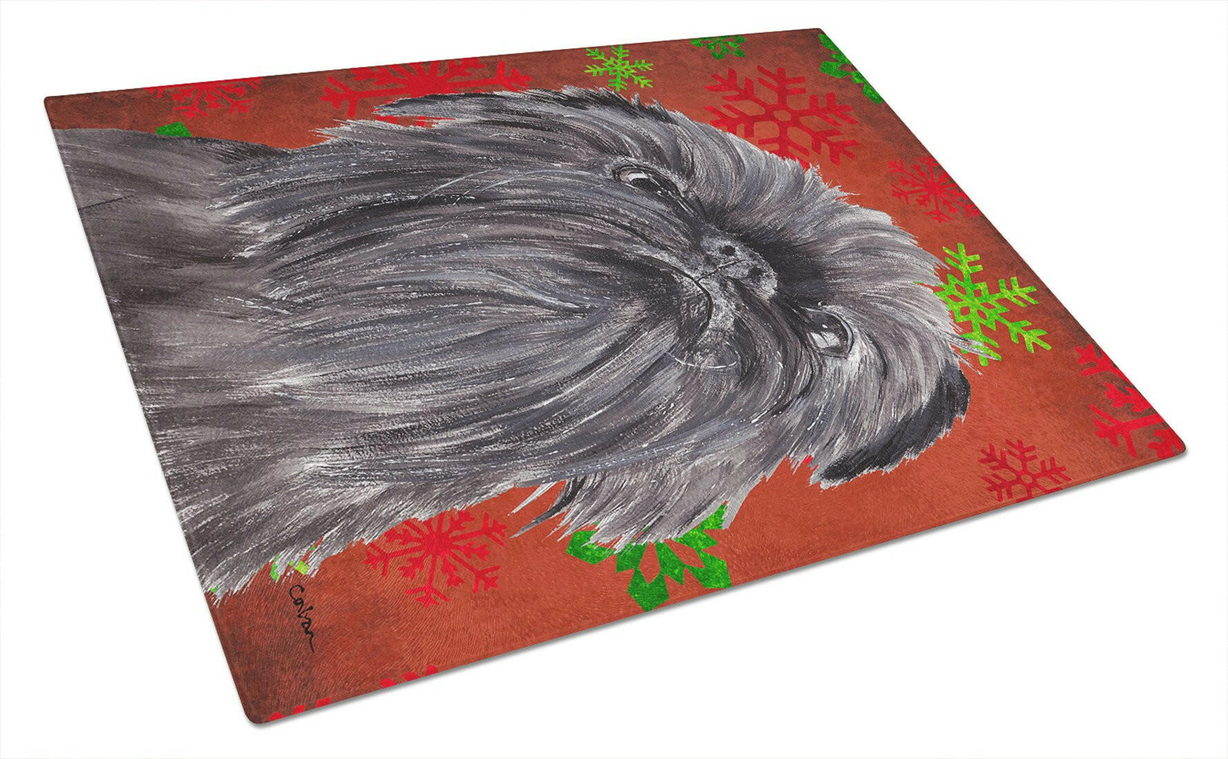 Brussels Griffon Red Snowflakes Holiday Cutting Board Tempered Glass Kitchen Cutting Surface, Heat Resistant Chopping, Non-Slip Feet, Food Prep & Serving