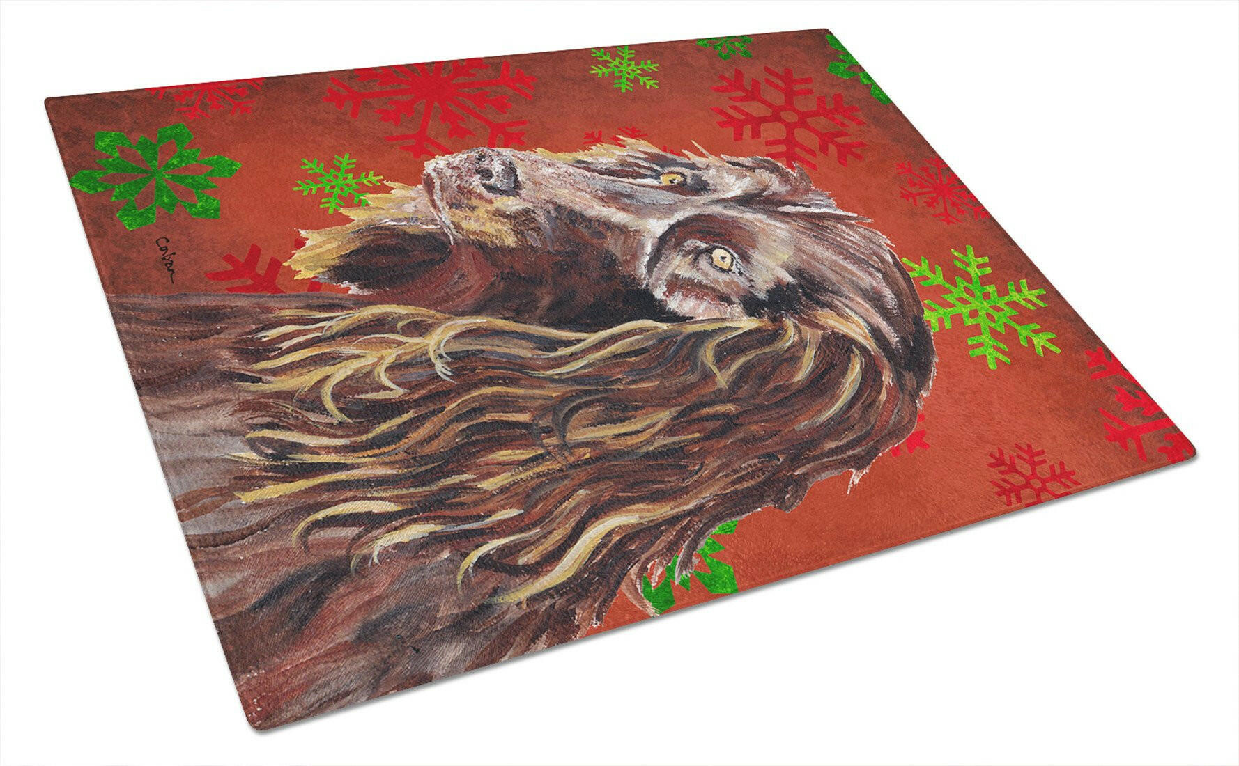 Boykin Spaniel Red Snowflakes Holiday Cutting Board Tempered Glass Kitchen Cutting Surface, Heat Resistant Chopping, Non-Slip Feet, Food Prep & Serving