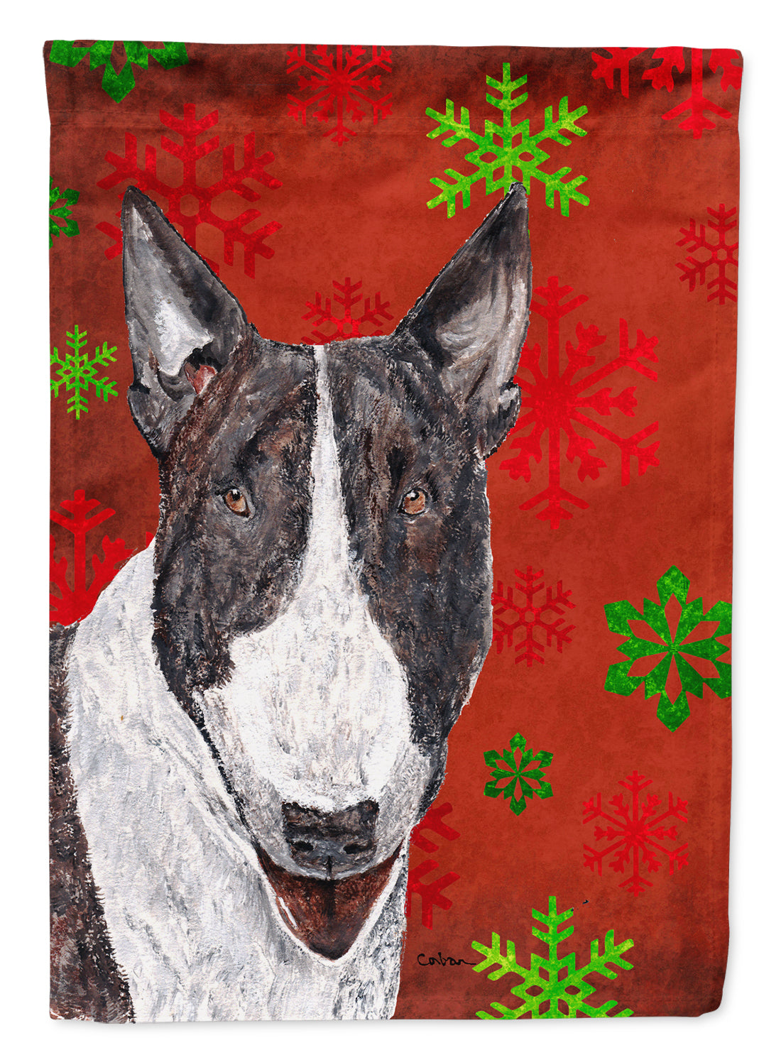 Bull Terrier Red Snowflakes Holiday House Flag 28x40 Porch Sleeve Pole Decorative Outside Yard Banner Artwork Wall Hanging, Polyester