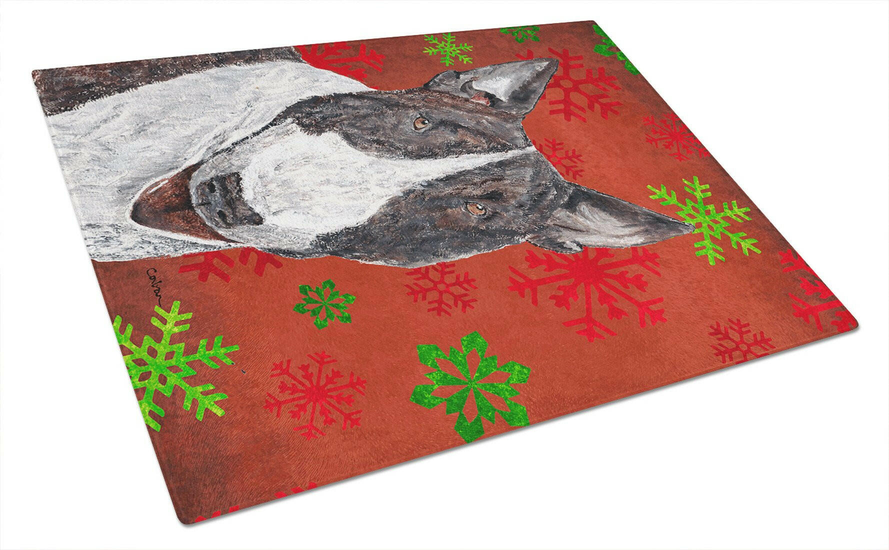 Bull Terrier Red Snowflakes Holiday Cutting Board Tempered Glass Kitchen Cutting Surface, Heat Resistant Chopping, Non-Slip Feet, Food Prep & Serving