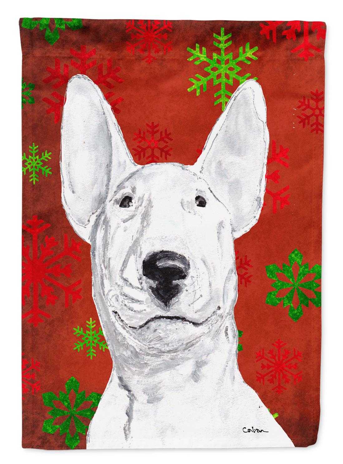 Bull Terrier Red Snowflakes Holiday House Flag 28x40 Porch Sleeve Pole Decorative Outside Yard Banner Artwork Wall Hanging, Polyester