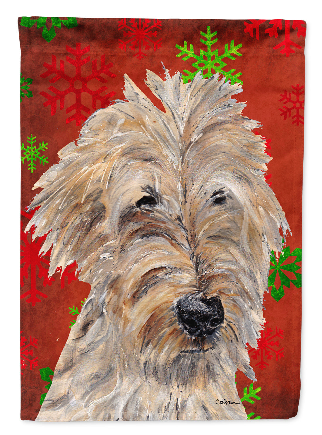 Golden Doodle Red Snowflakes Holiday House Flag 28x40 Porch Sleeve Pole Decorative Outside Yard Banner Artwork Wall Hanging, Polyester