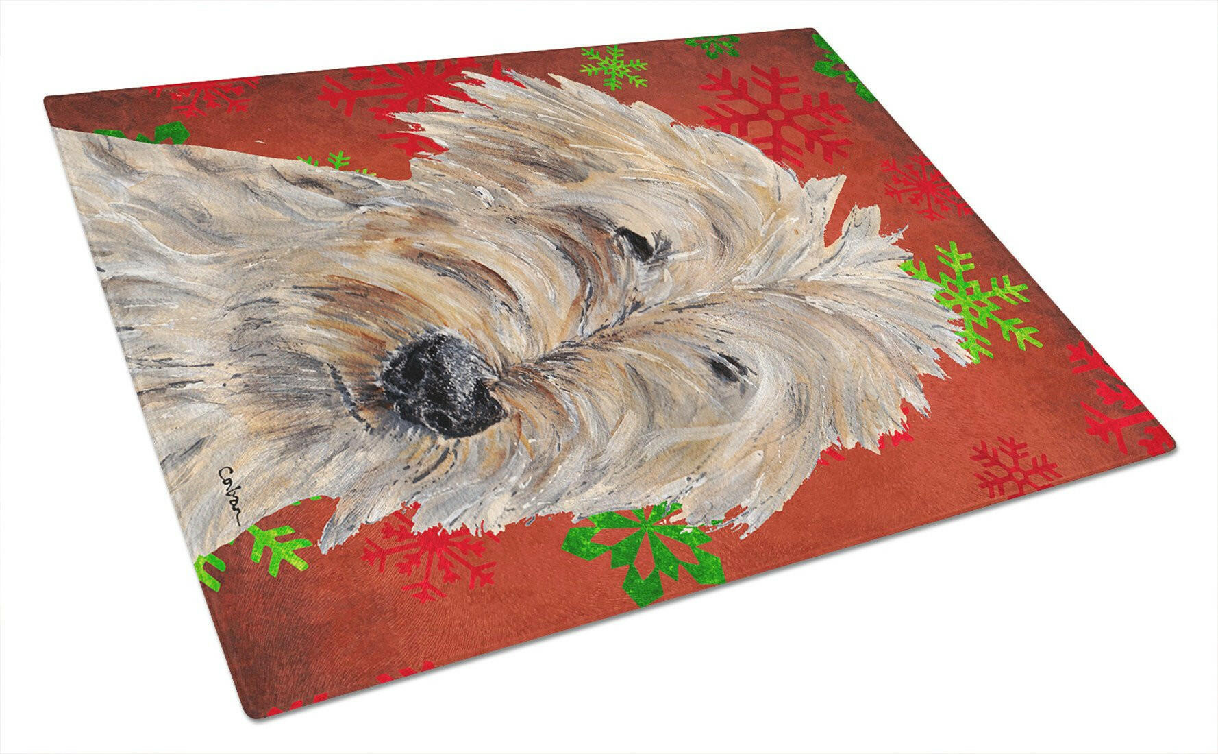 Golden Doodle Red Snowflakes Holiday Cutting Board Tempered Glass Kitchen Cutting Surface, Heat Resistant Chopping, Non-Slip Feet, Food Prep & Serving