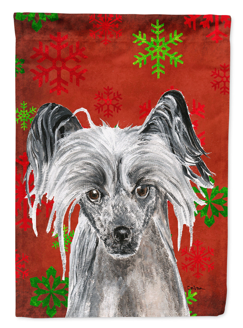 Chinese Crested Red Snowflakes Holiday House Flag 28x40 Porch Sleeve Pole Decorative Outside Yard Banner Artwork Wall Hanging, Polyester