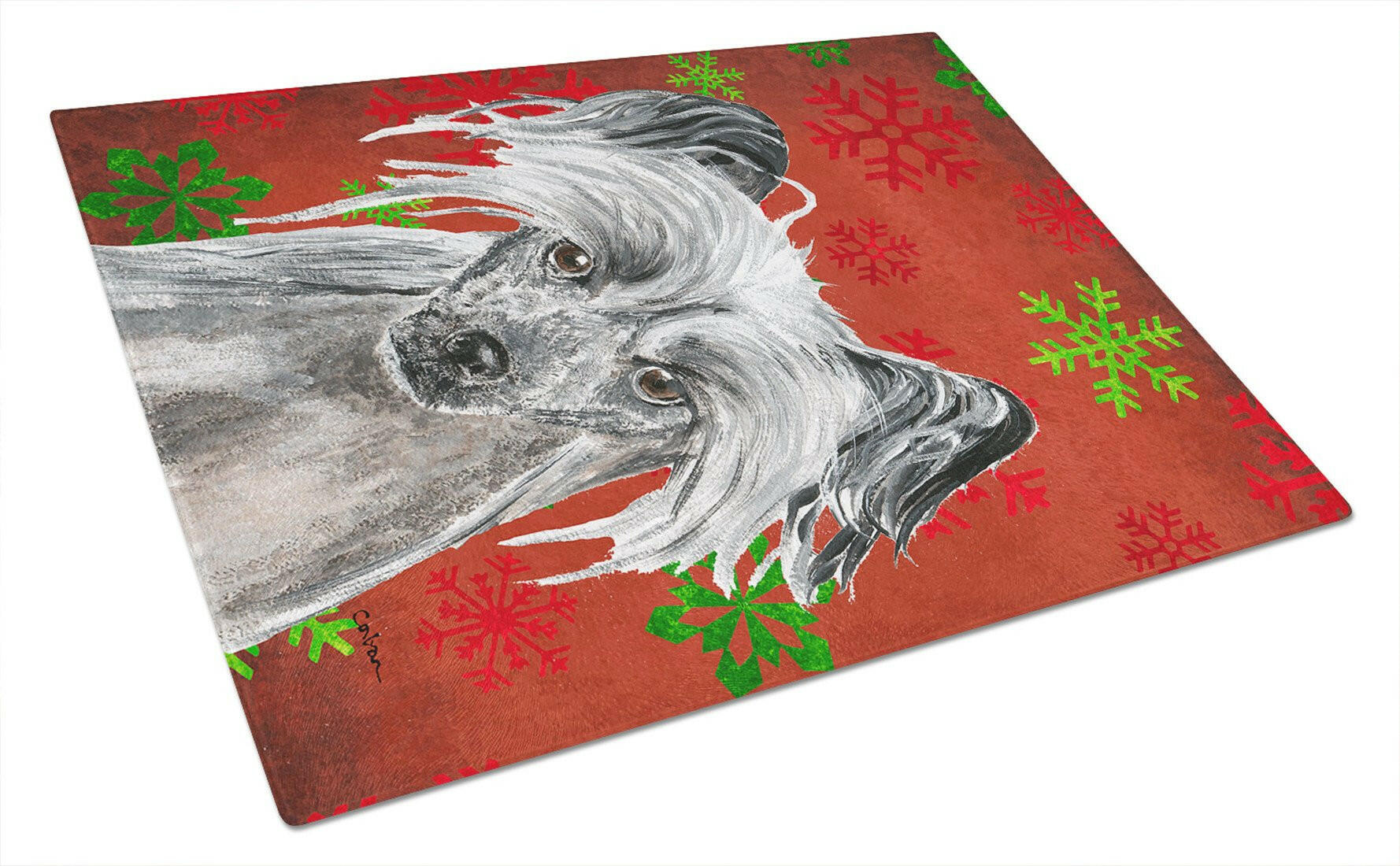 Chinese Crested Red Snowflakes Holiday Cutting Board Tempered Glass Kitchen Cutting Surface, Heat Resistant Chopping, Non-Slip Feet, Food Prep & Serving