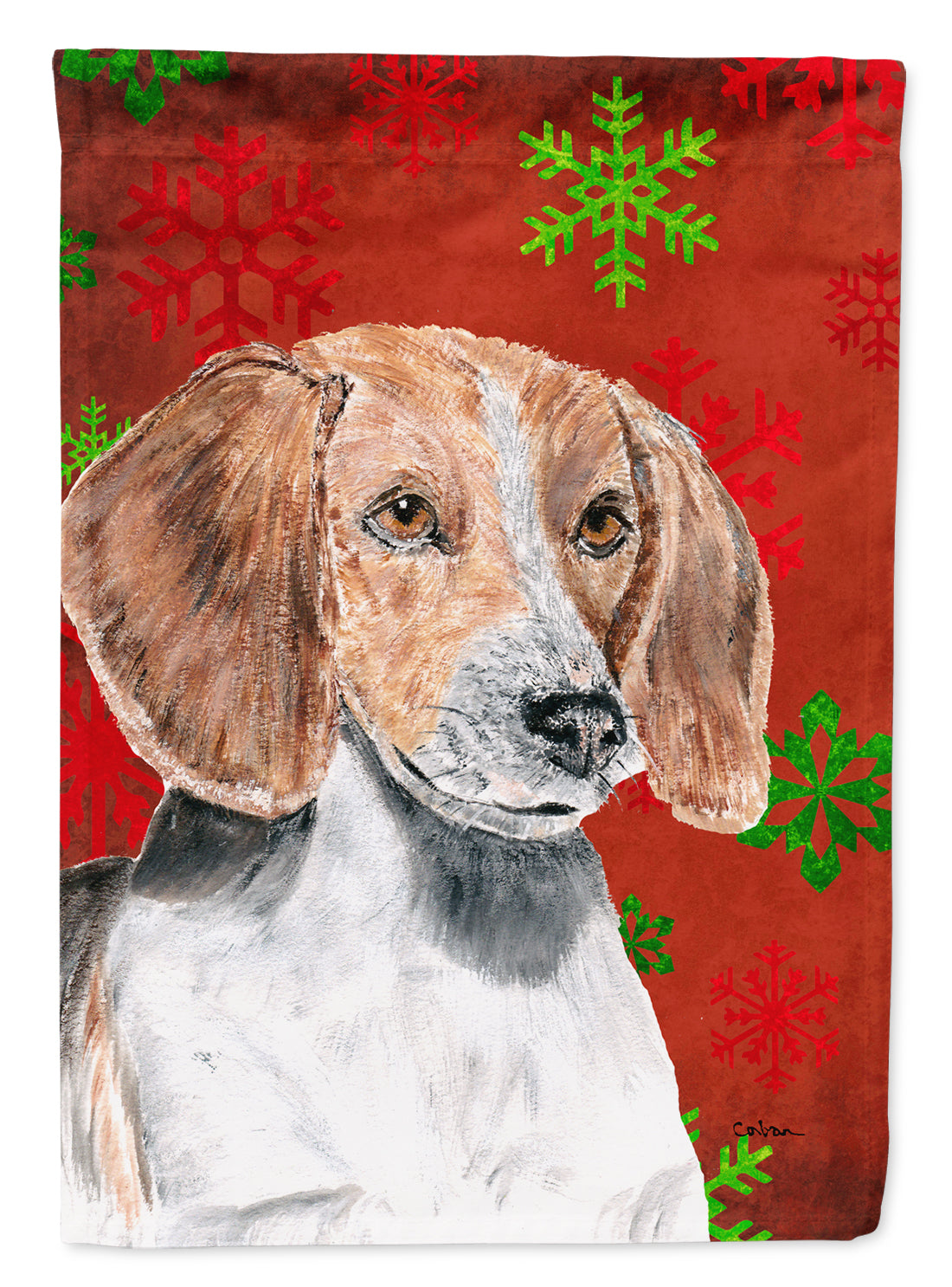 English Foxhound Red Snowflakes Holiday House Flag 28x40 Porch Sleeve Pole Decorative Outside Yard Banner Artwork Wall Hanging, Polyester