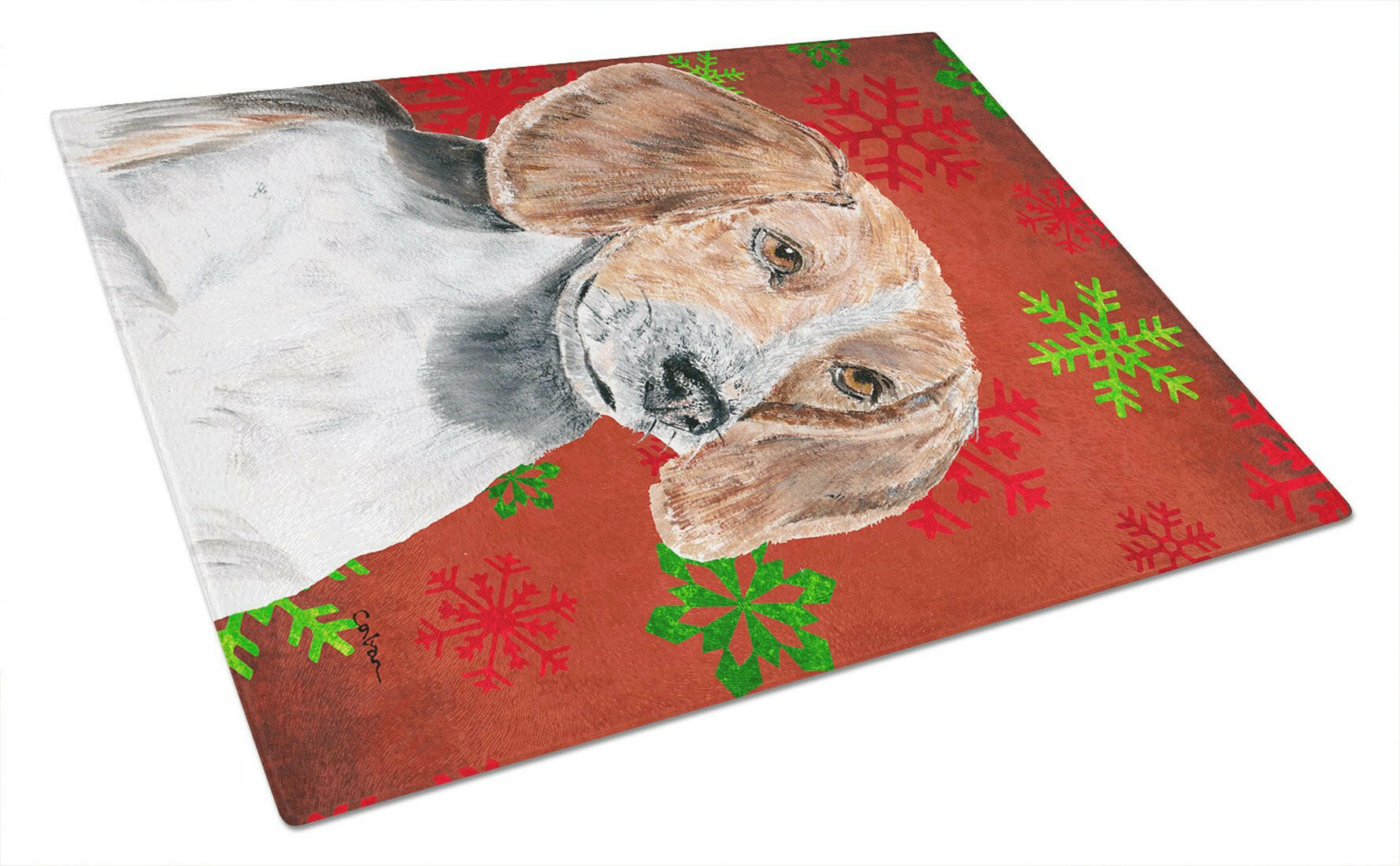 English Foxhound Red Snowflakes Holiday Cutting Board Tempered Glass Kitchen Cutting Surface, Heat Resistant Chopping, Non-Slip Feet, Food Prep & Serving