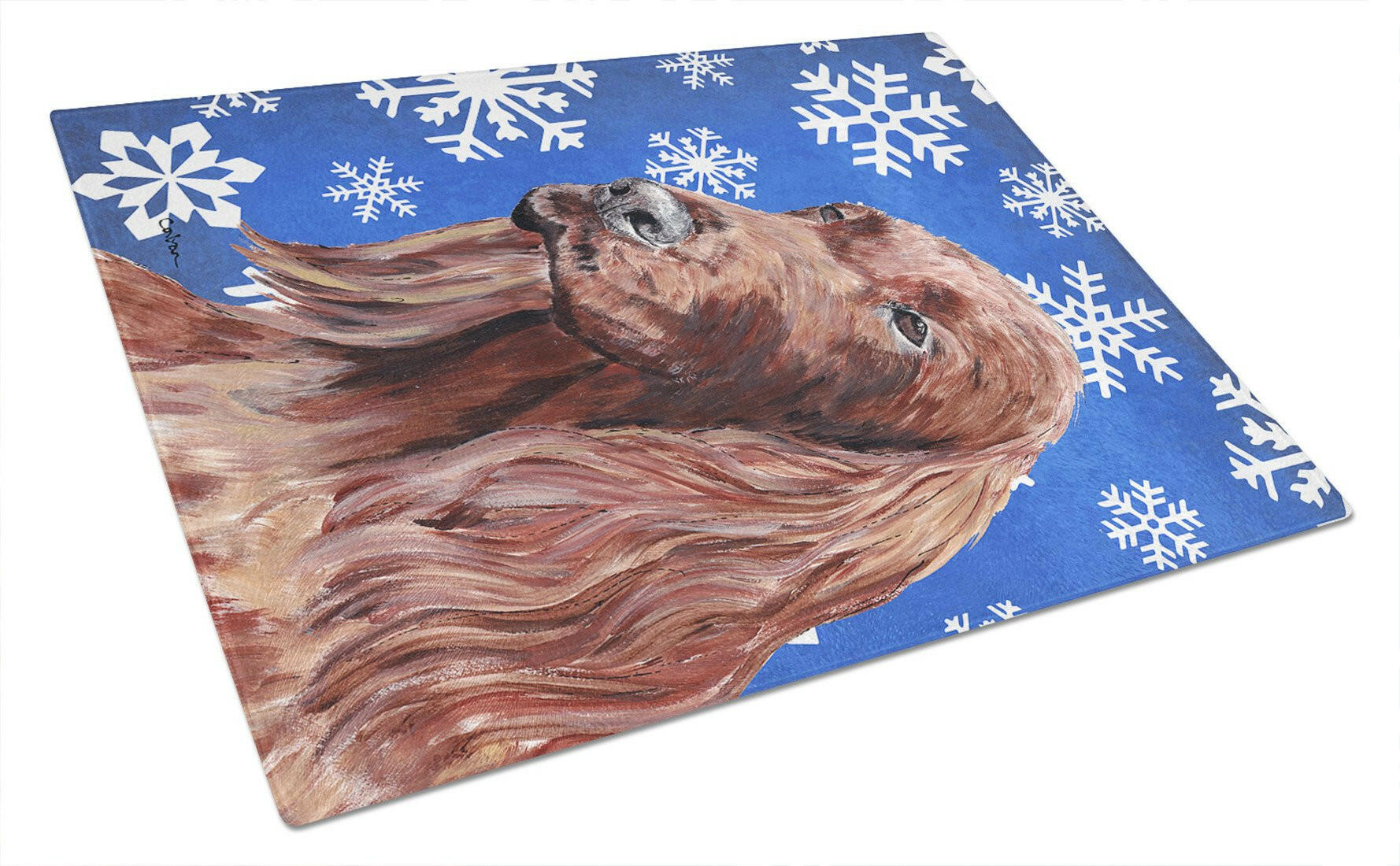 Irish Setter Winter Snowflakes Cutting Board Tempered Glass Kitchen Cutting Surface, Heat Resistant Chopping, Non-Slip Feet, Food Prep & Serving