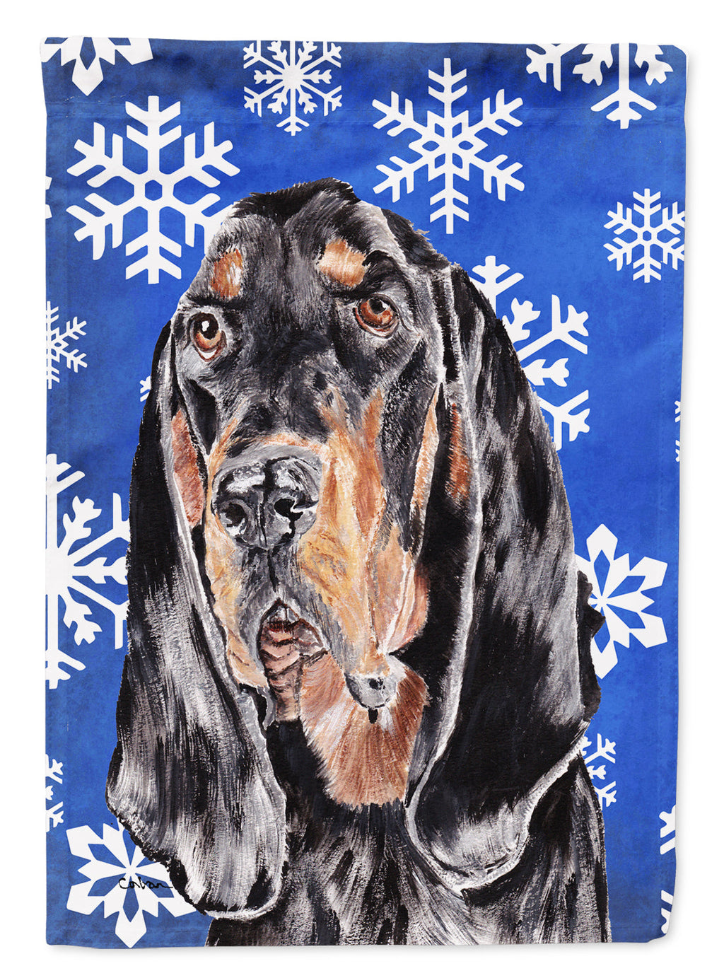 Black and Tan Coonhound Winter Snowflakes House Flag 28x40 Porch Sleeve Pole Decorative Outside Yard Banner Artwork Wall Hanging, Polyester