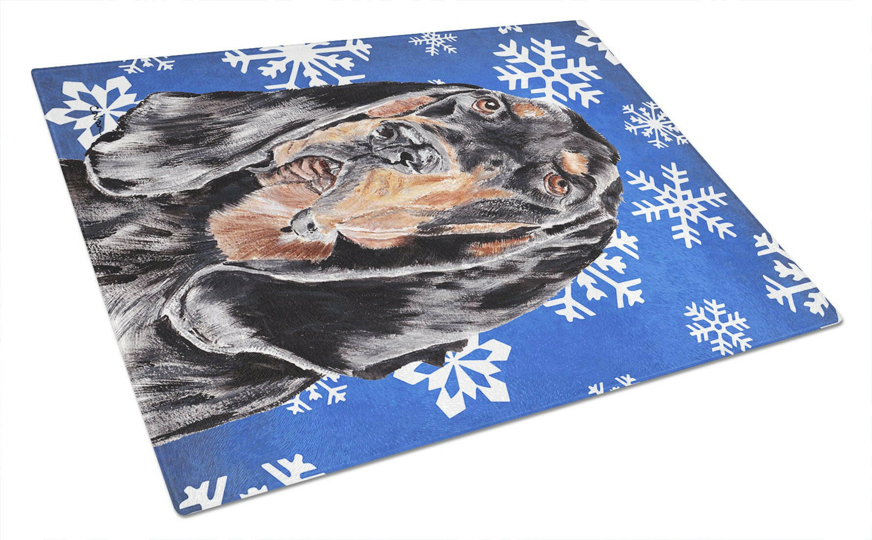 Black and Tan Coonhound Winter Snowflakes Cutting Board Tempered Glass Kitchen Cutting Surface, Heat Resistant Chopping, Non-Slip Feet, Food Prep & Serving
