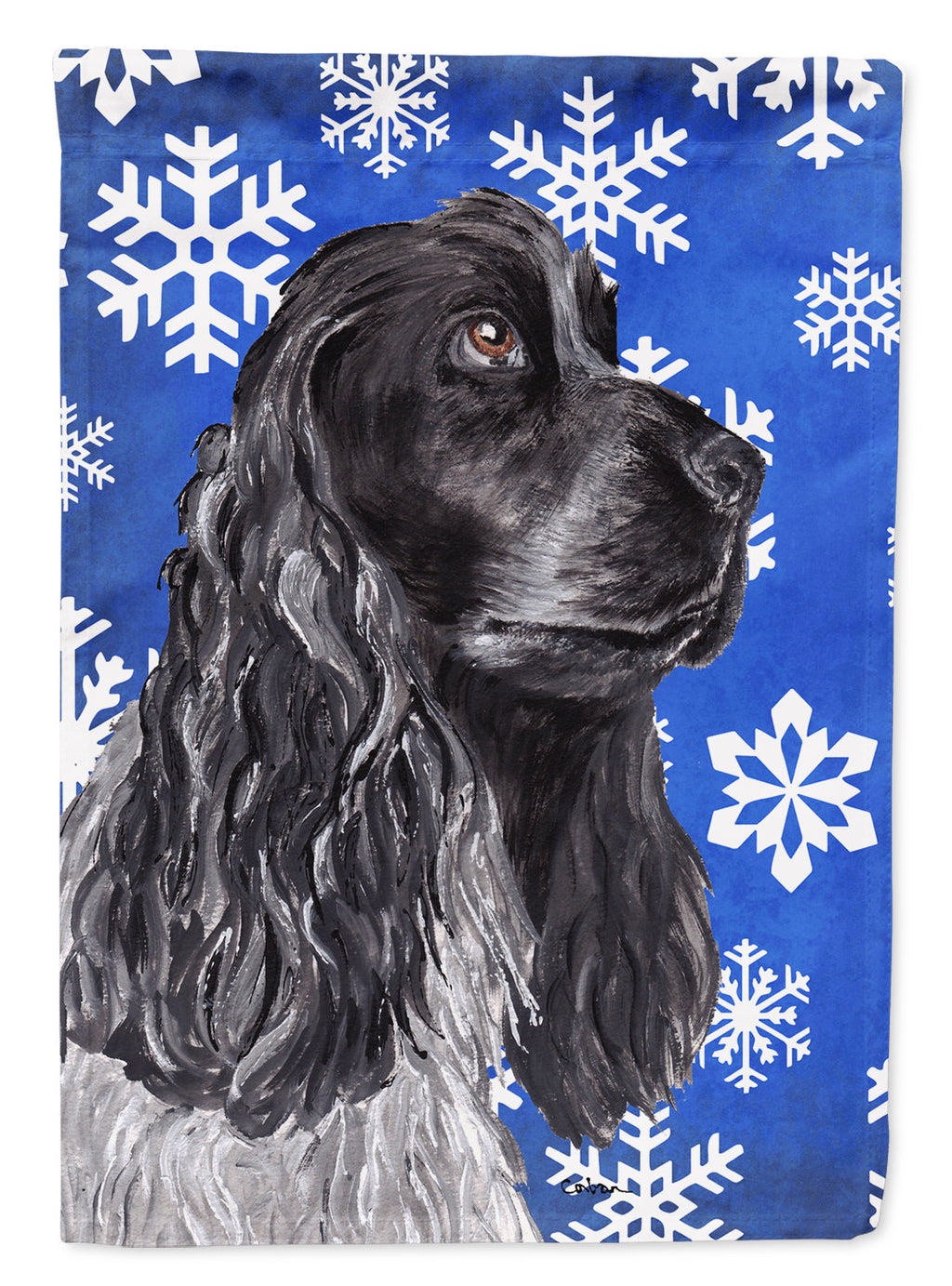 Black Cocker Spaniel Winter Snowflakes House Flag 28x40 Porch Sleeve Pole Decorative Outside Yard Banner Artwork Wall Hanging, Polyester