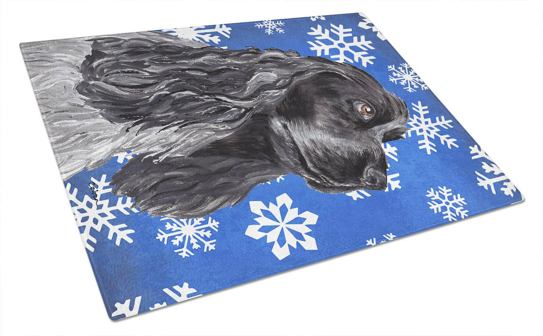 Black Cocker Spaniel Winter Snowflakes Cutting Board Tempered Glass Kitchen Cutting Surface, Heat Resistant Chopping, Non-Slip Feet, Food Prep & Serving