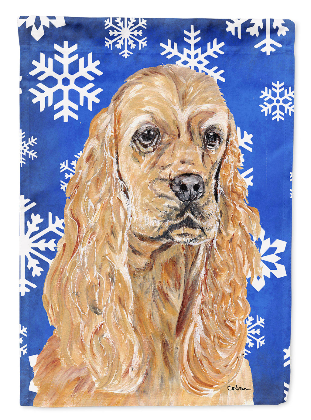Buff Cocker Spaniel Winter Snowflakes House Flag 28x40 Porch Sleeve Pole Decorative Outside Yard Banner Artwork Wall Hanging, Polyester