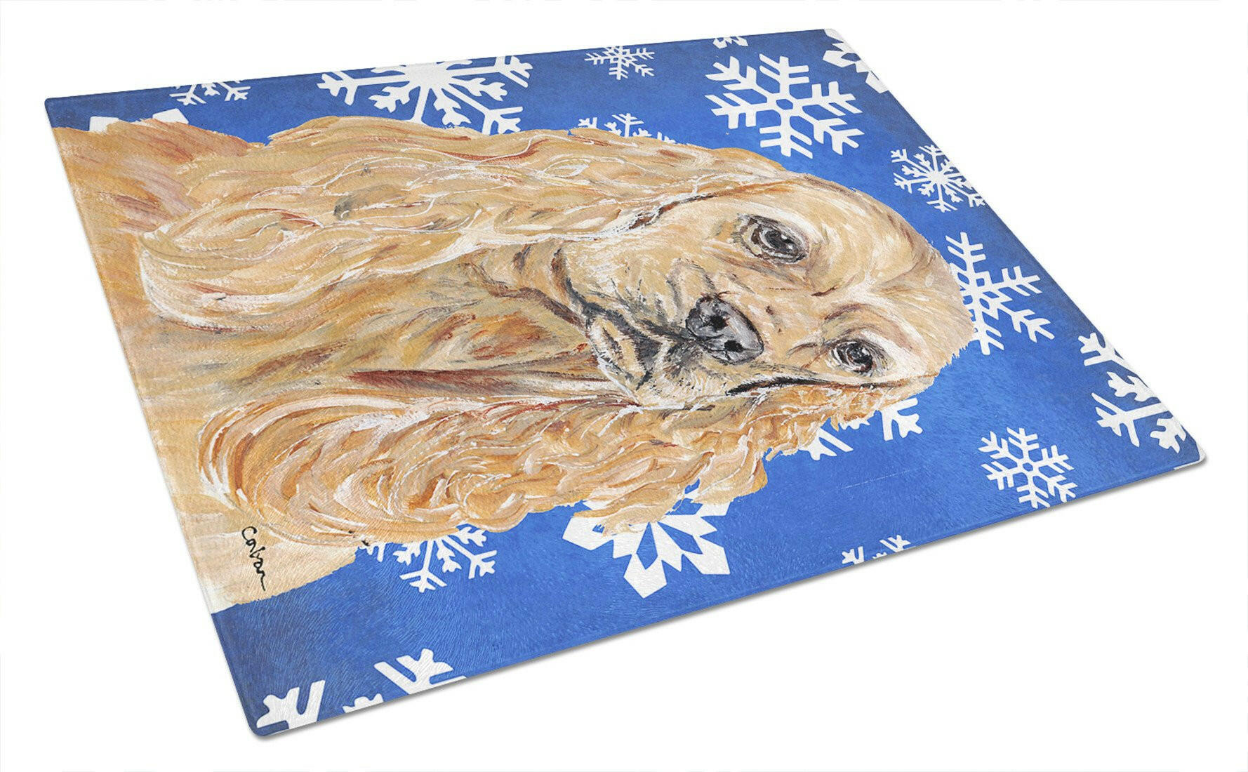 Buff Cocker Spaniel Winter Snowflakes Cutting Board Tempered Glass Kitchen Cutting Surface, Heat Resistant Chopping, Non-Slip Feet, Food Prep & Serving