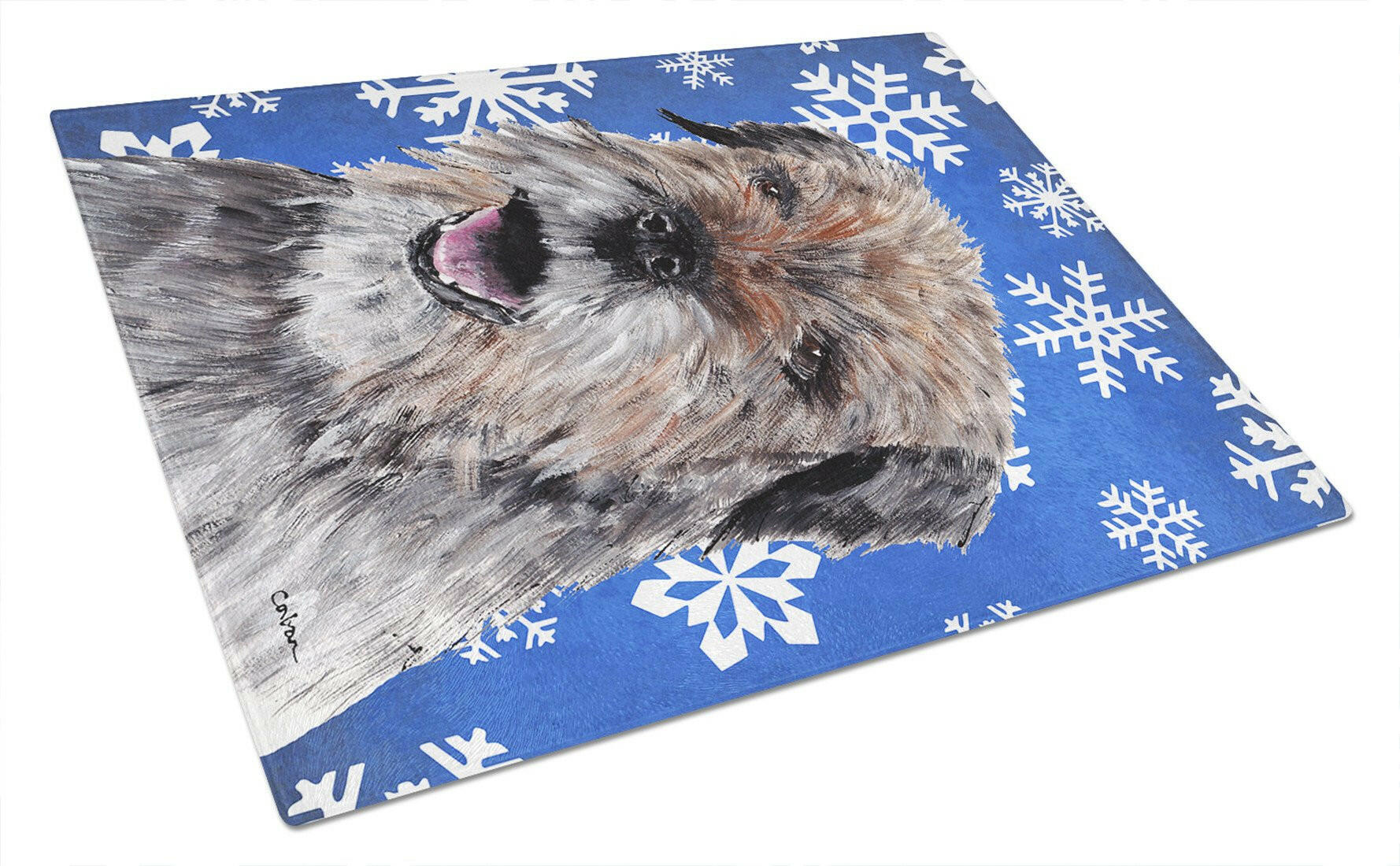 Border Terrier Winter Snowflakes Cutting Board Tempered Glass Kitchen Cutting Surface, Heat Resistant Chopping, Non-Slip Feet, Food Prep & Serving