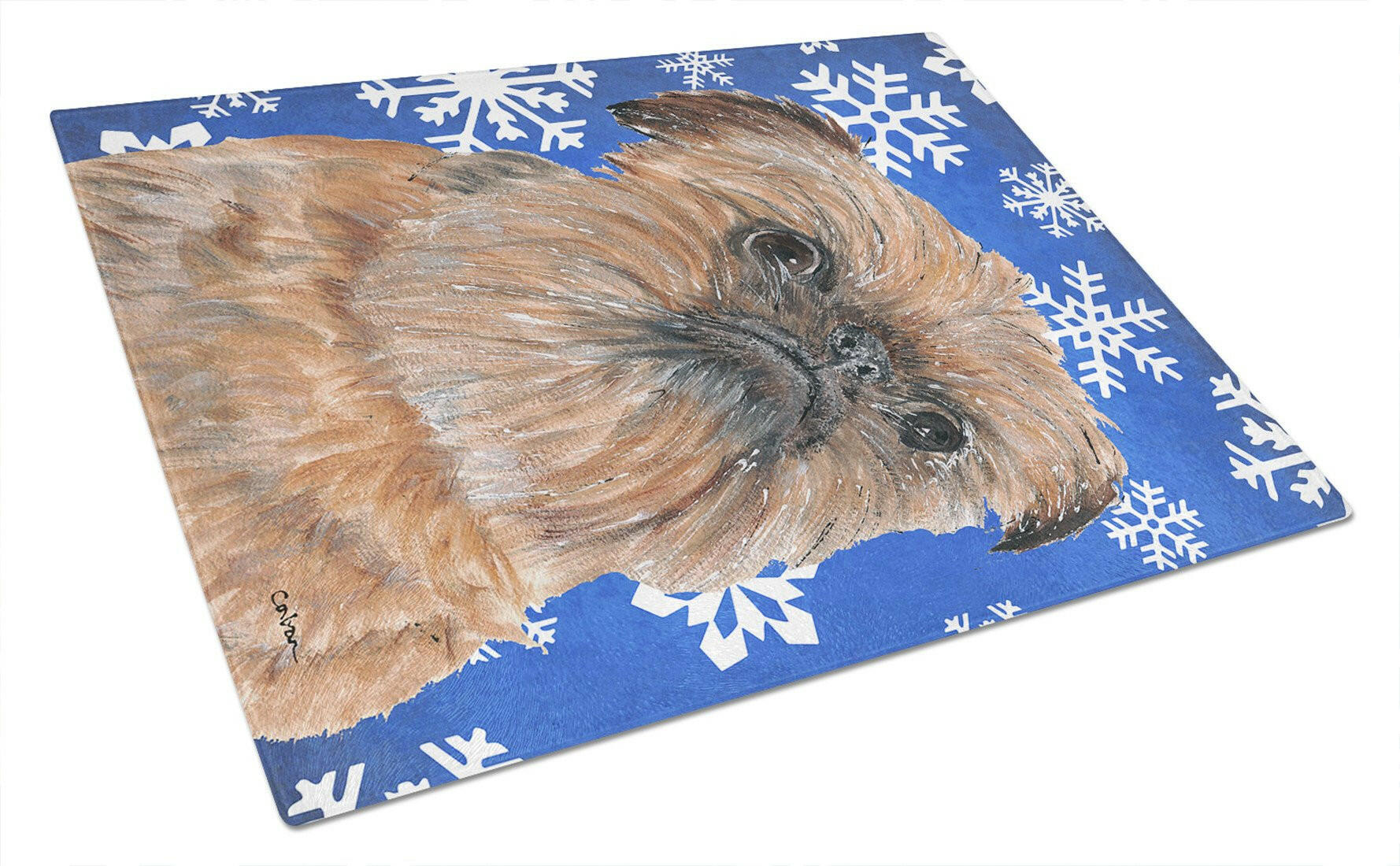 Brussels Griffon Winter Snowflakes Cutting Board Tempered Glass Kitchen Cutting Surface, Heat Resistant Chopping, Non-Slip Feet, Food Prep & Serving