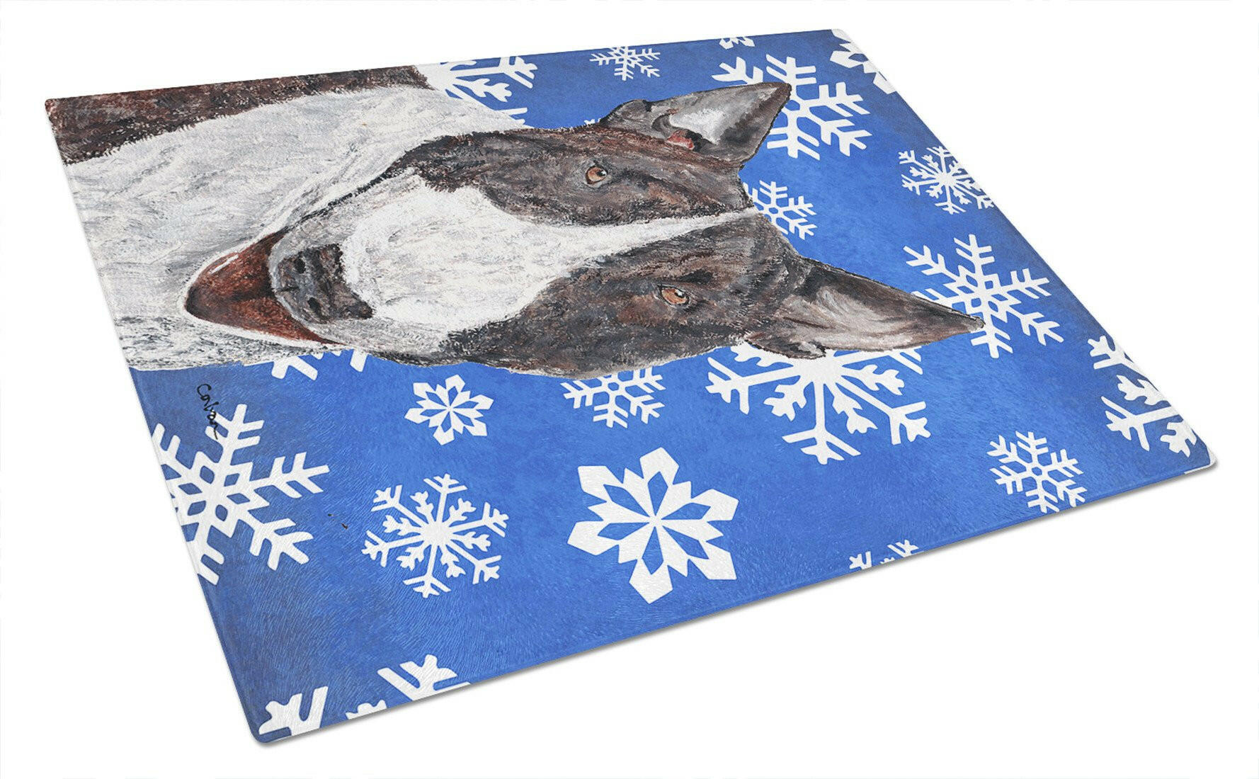 Bull Terrier Winter Snowflakes Cutting Board Tempered Glass Kitchen Cutting Surface, Heat Resistant Chopping, Non-Slip Feet, Food Prep & Serving