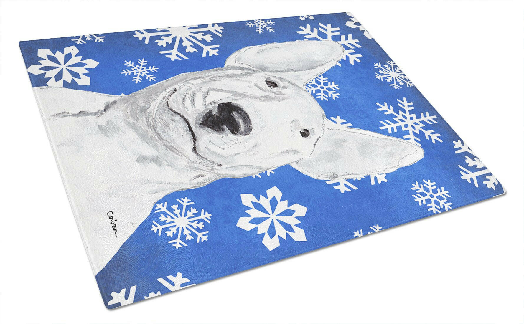 Bull Terrier Winter Snowflakes Cutting Board Tempered Glass Kitchen Cutting Surface, Heat Resistant Chopping, Non-Slip Feet, Food Prep & Serving
