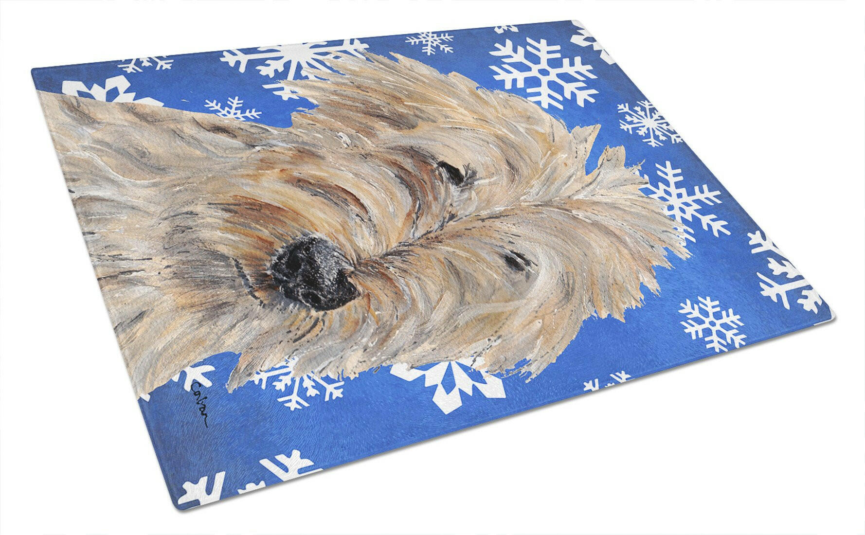 Golden Doodle Winter Snowflakes Cutting Board Tempered Glass Kitchen Cutting Surface, Heat Resistant Chopping, Non-Slip Feet, Food Prep & Serving