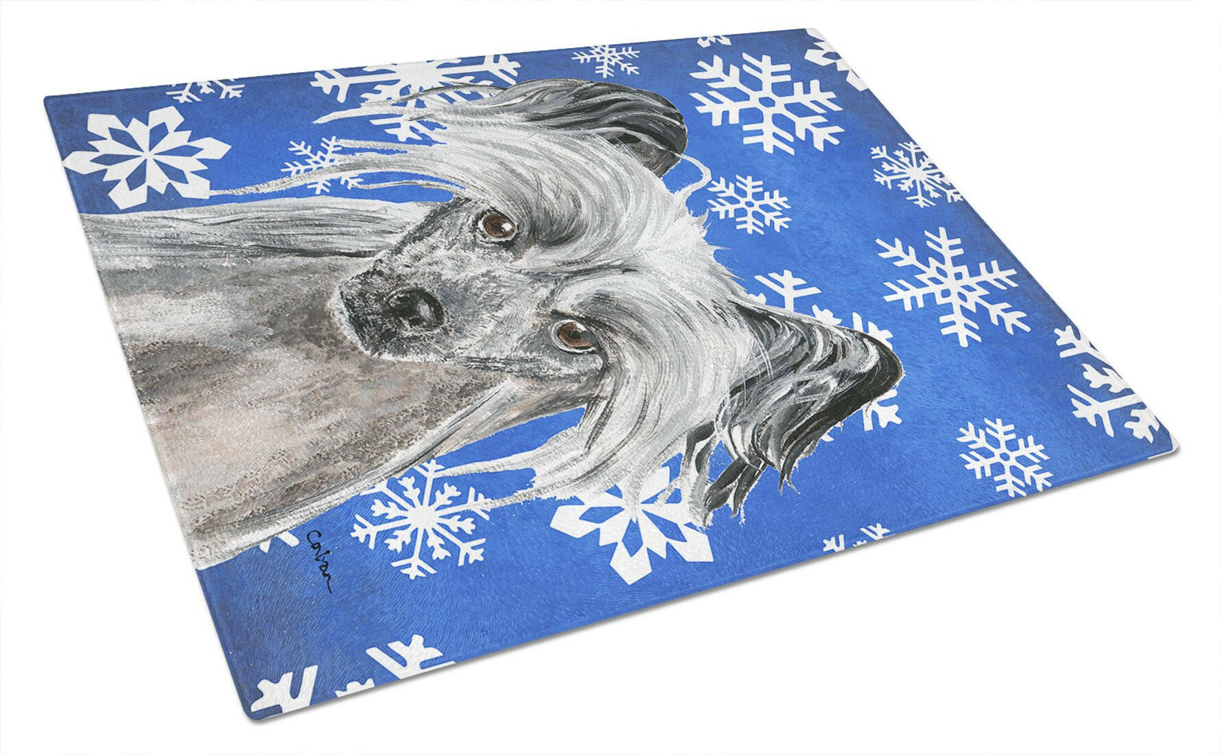Chinese Crested Winter Snowflakes Cutting Board Tempered Glass Kitchen Cutting Surface, Heat Resistant Chopping, Non-Slip Feet, Food Prep & Serving