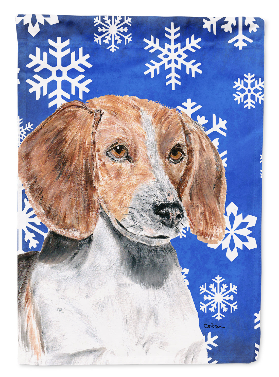 English Foxhound Winter Snowflakes House Flag 28x40 Porch Sleeve Pole Decorative Outside Yard Banner Artwork Wall Hanging, Polyester