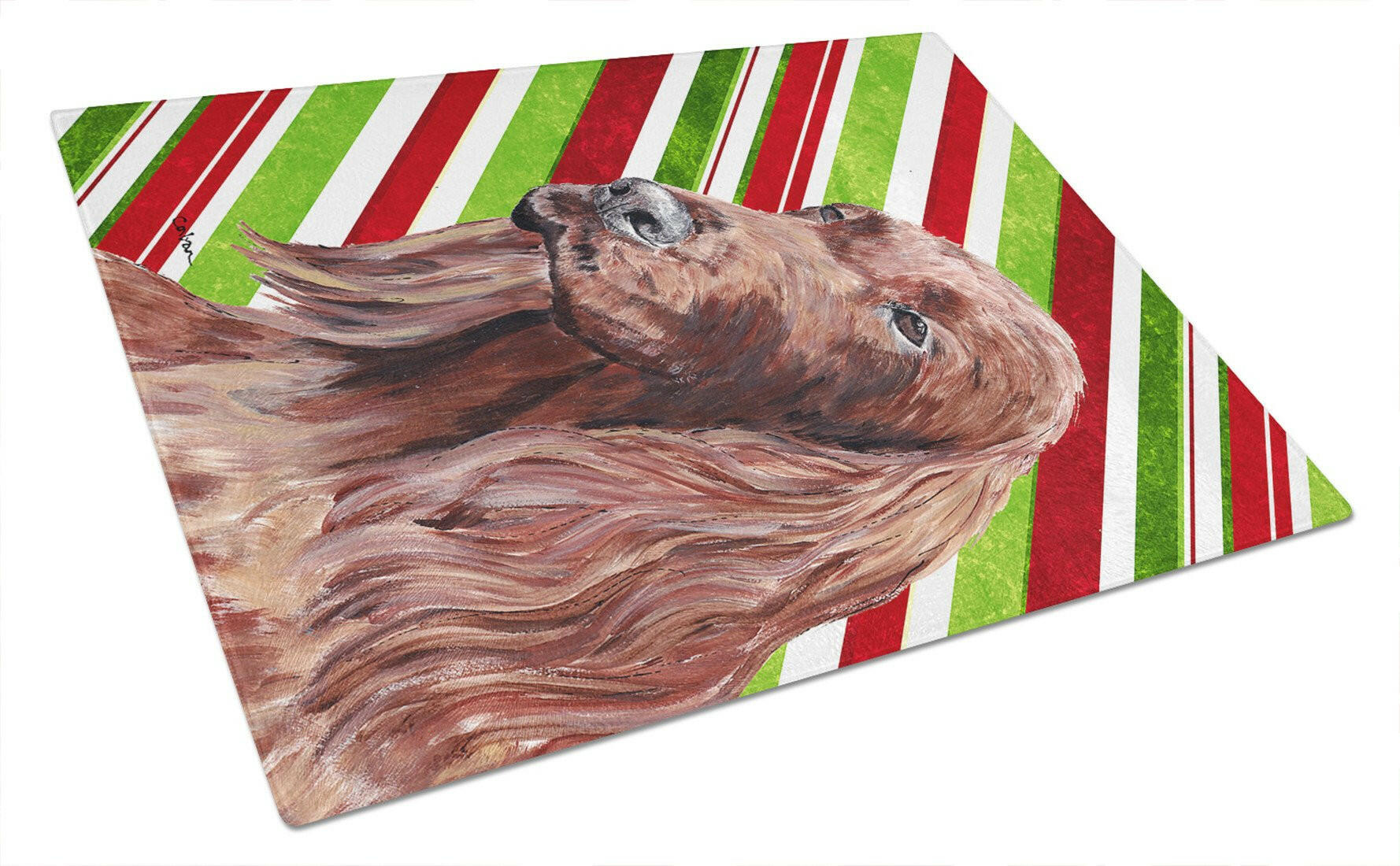 Irish Setter Candy Cane Christmas Cutting Board Tempered Glass Kitchen Cutting Surface, Heat Resistant Chopping, Non-Slip Feet, Food Prep & Serving