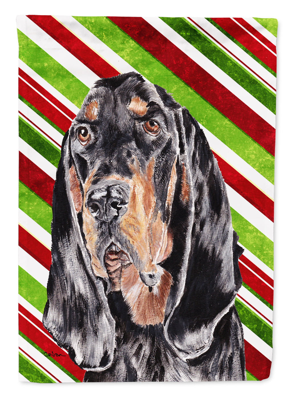 Black and Tan Coonhound Candy Cane Christmas House Flag 28x40 Porch Sleeve Pole Decorative Outside Yard Banner Artwork Wall Hanging, Polyester