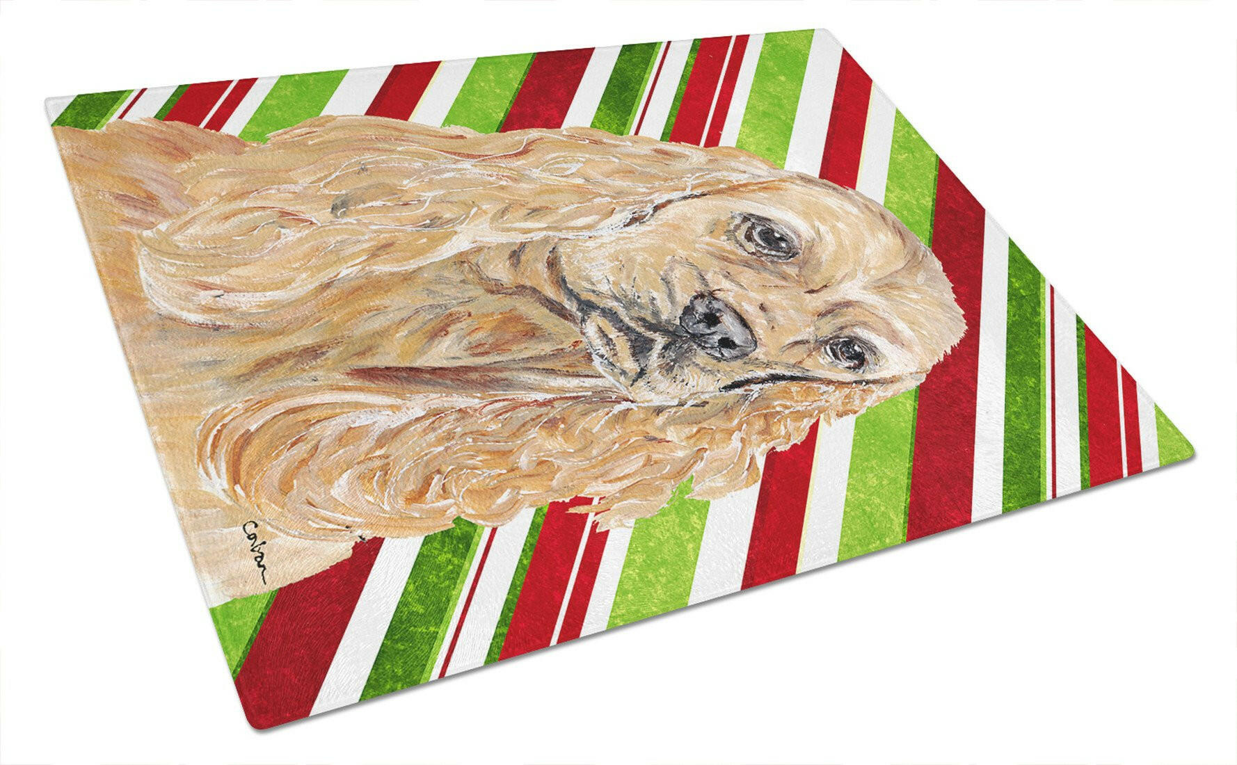 Buff Cocker Spaniel Candy Cane Christmas Cutting Board Tempered Glass Kitchen Cutting Surface, Heat Resistant Chopping, Non-Slip Feet, Food Prep & Serving