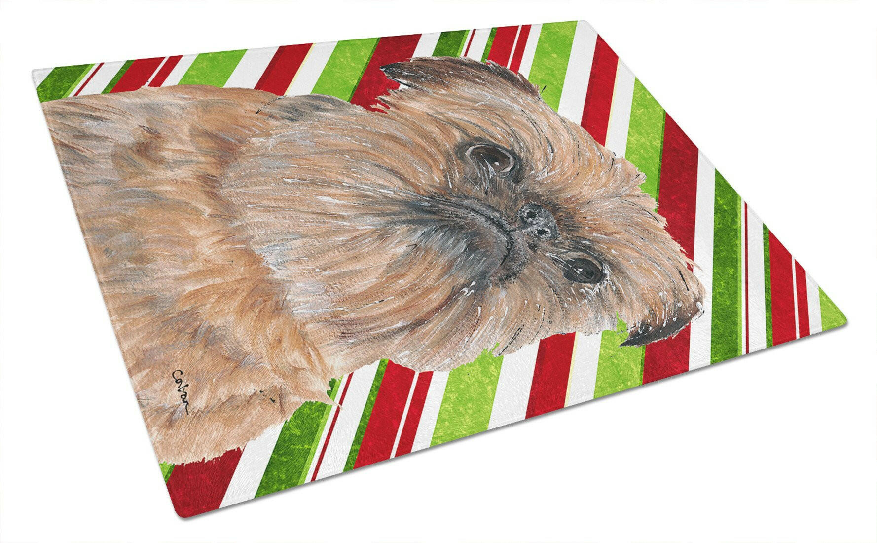 Brussels Griffon Candy Cane Christmas Cutting Board Tempered Glass Kitchen Cutting Surface, Heat Resistant Chopping, Non-Slip Feet, Food Prep & Serving