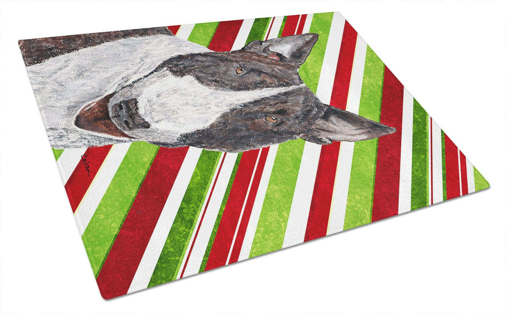 Bull Terrier Candy Cane Christmas Cutting Board Tempered Glass Kitchen Cutting Surface, Heat Resistant Chopping, Non-Slip Feet, Food Prep & Serving