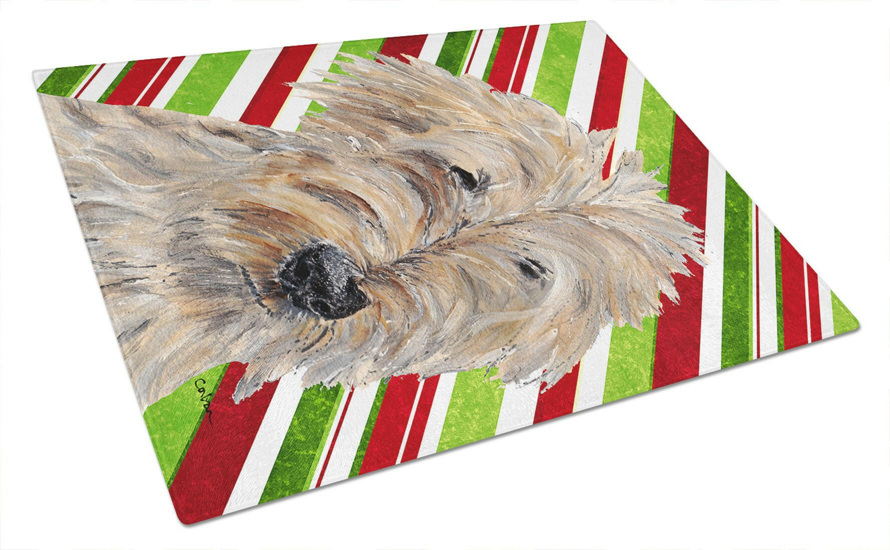 Golden Doodle Candy Cane Christmas Cutting Board Tempered Glass Kitchen Cutting Surface, Heat Resistant Chopping, Non-Slip Feet, Food Prep & Serving