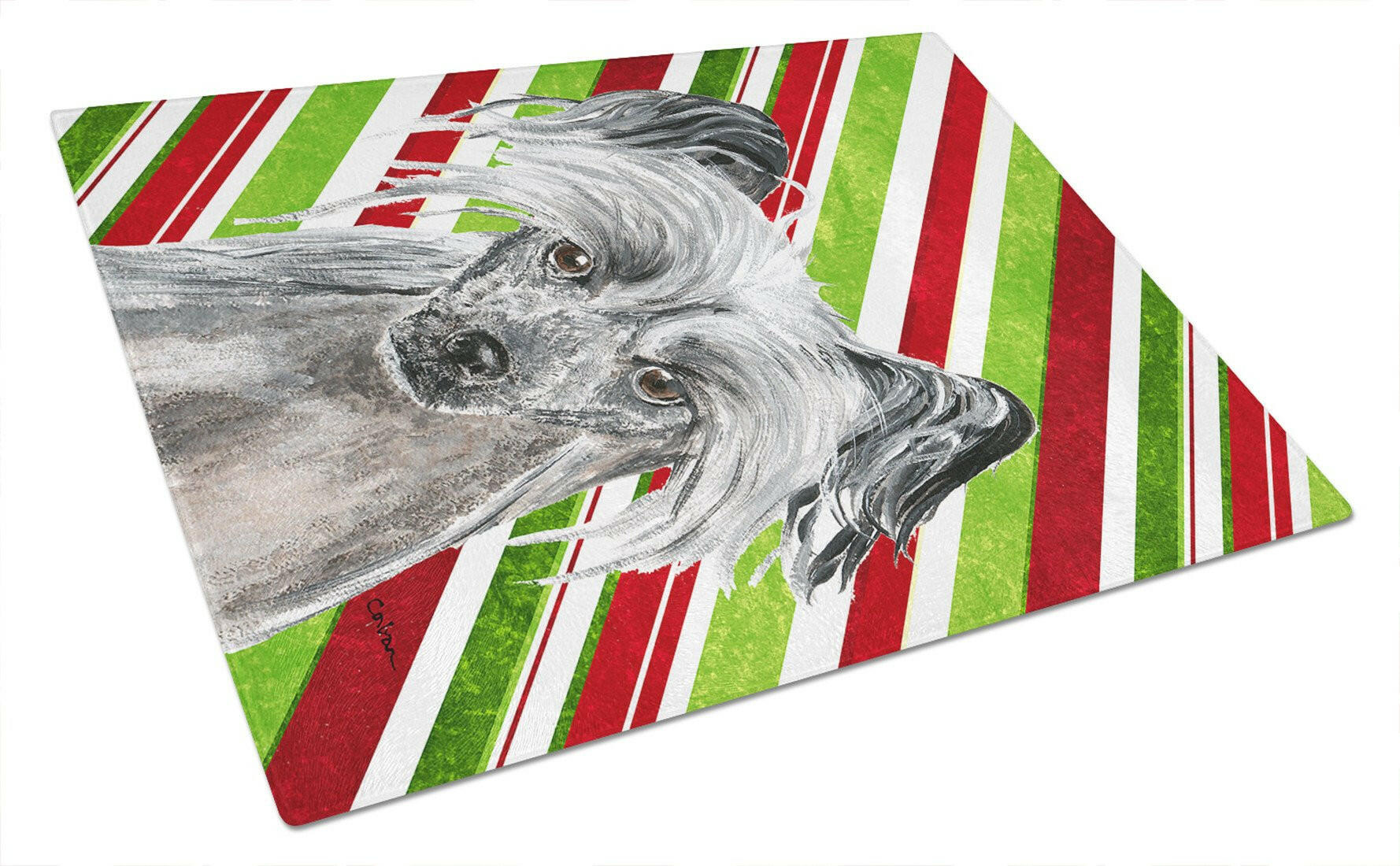 Chinese Crested Candy Cane Christmas Cutting Board Tempered Glass Kitchen Cutting Surface, Heat Resistant Chopping, Non-Slip Feet, Food Prep & Serving