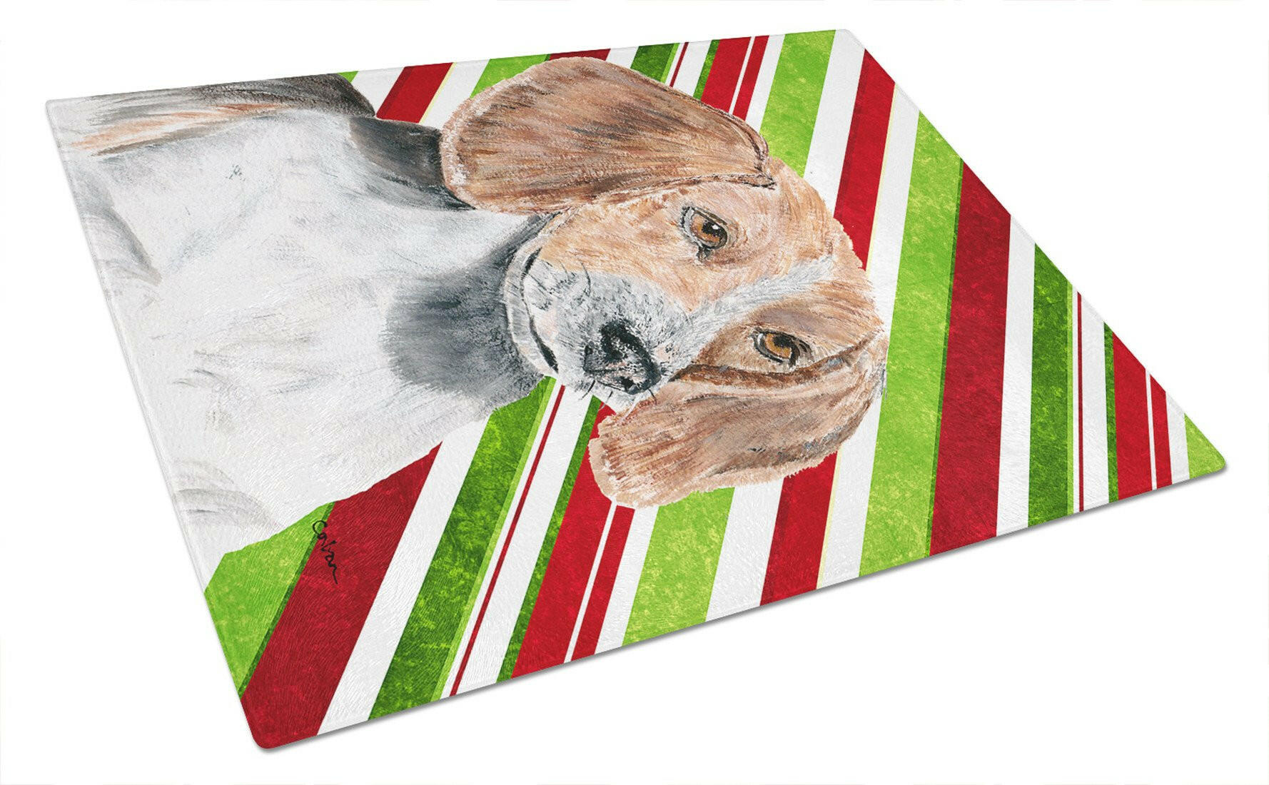 English Foxhound Candy Cane Christmas Cutting Board Tempered Glass Kitchen Cutting Surface, Heat Resistant Chopping, Non-Slip Feet, Food Prep & Serving