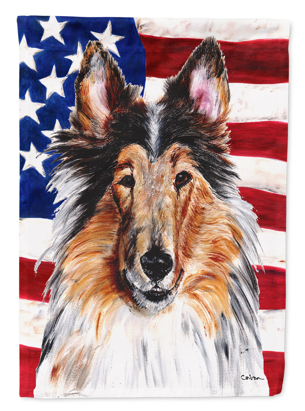 Collie with American Flag USA House Flag 28x40 Porch Sleeve Pole Decorative Outside Yard Banner Artwork Wall Hanging, Polyester