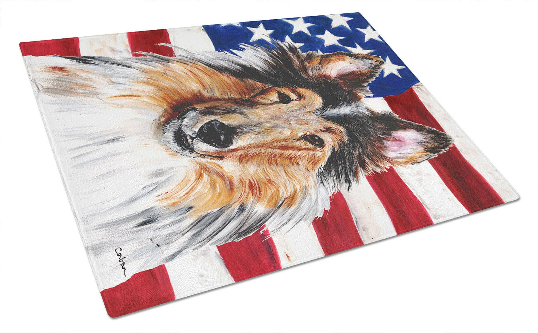 Collie with American Flag USA Cutting Board Tempered Glass Kitchen Cutting Surface, Heat Resistant Chopping, Non-Slip Feet, Food Prep & Serving