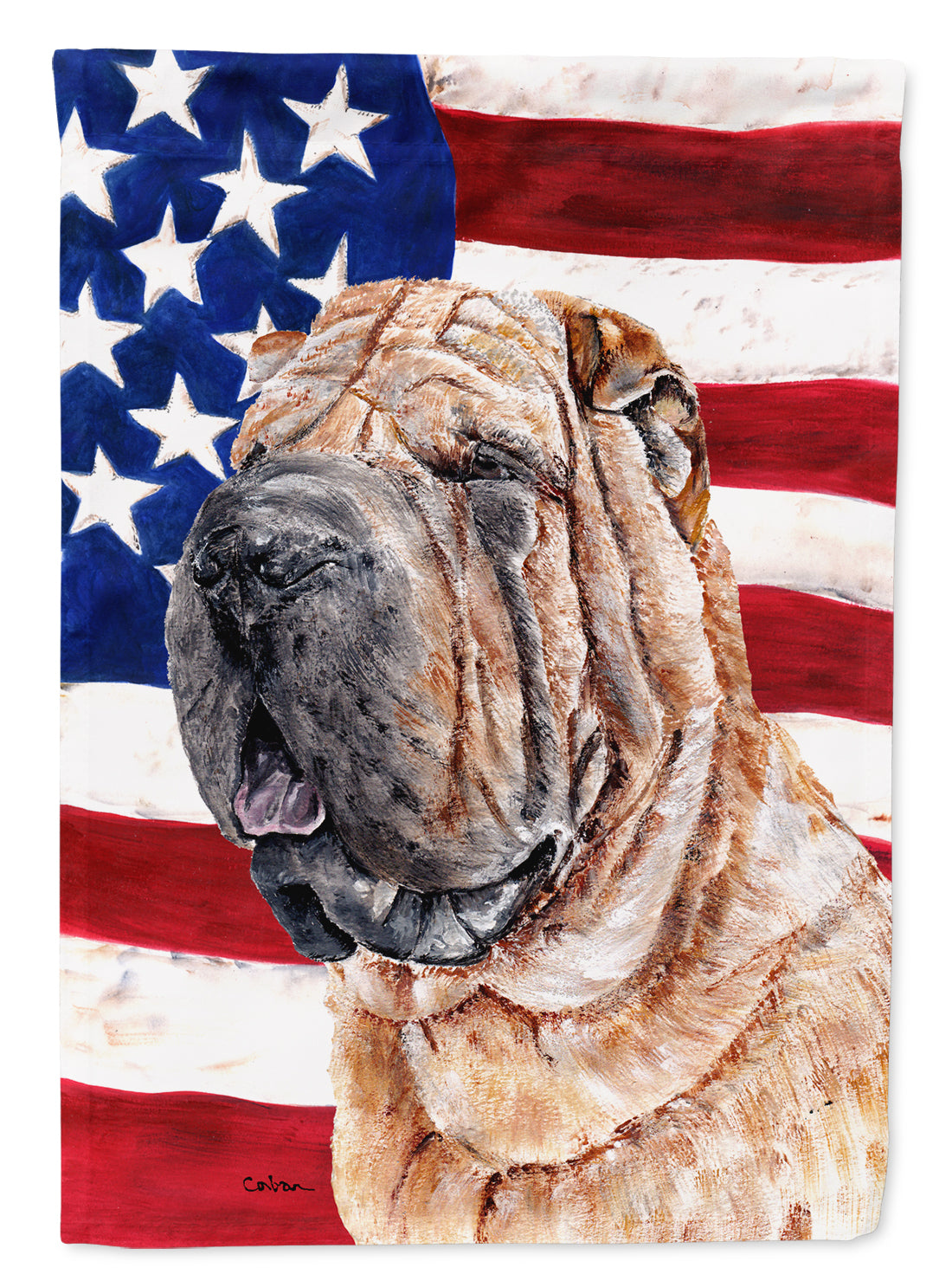 Shar Pei with American Flag USA House Flag 28x40 Porch Sleeve Pole Decorative Outside Yard Banner Artwork Wall Hanging, Polyester