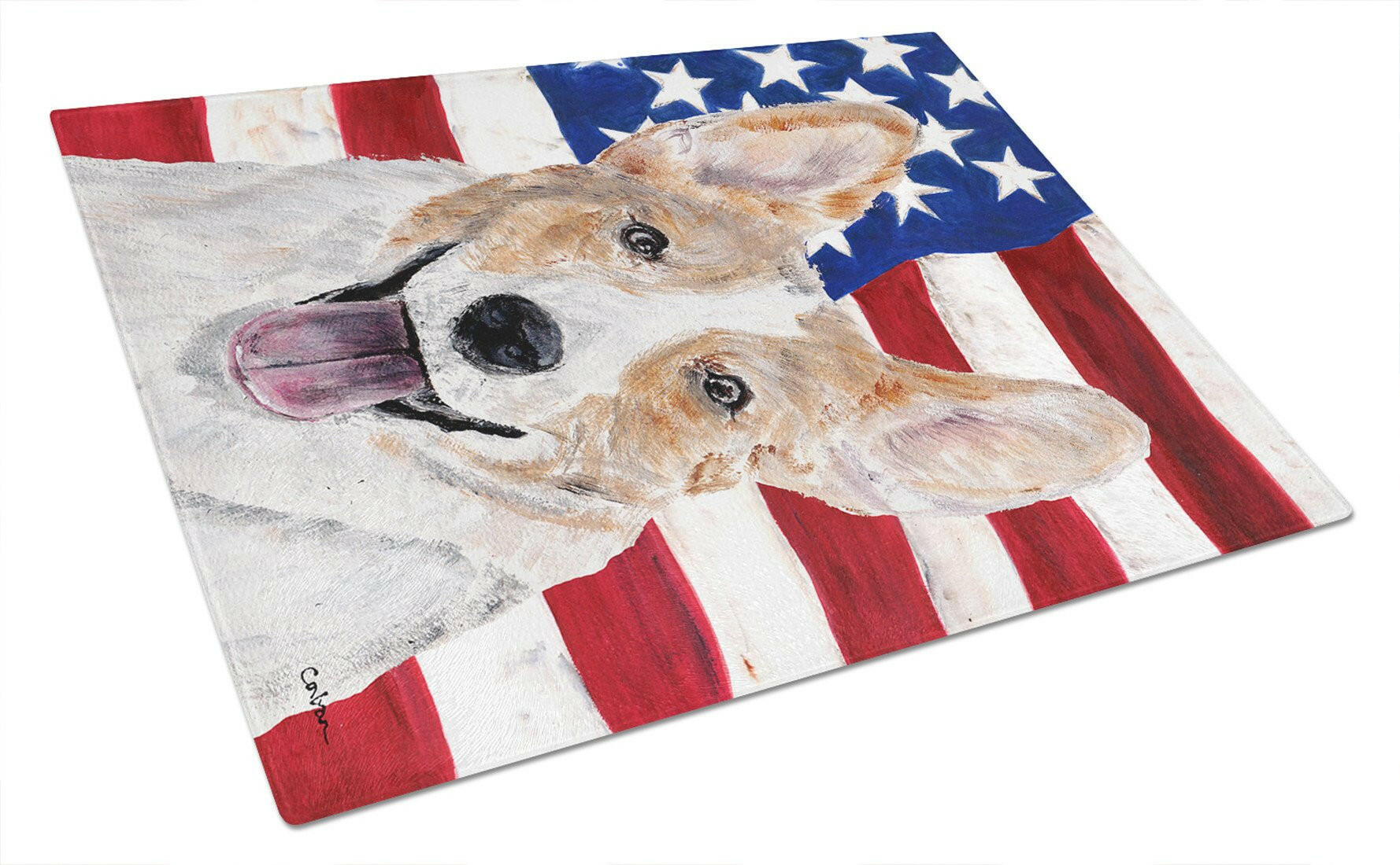 Cardigan Corgi with American Flag USA Cutting Board Tempered Glass Kitchen Cutting Surface, Heat Resistant Chopping, Non-Slip Feet, Food Prep & Serving