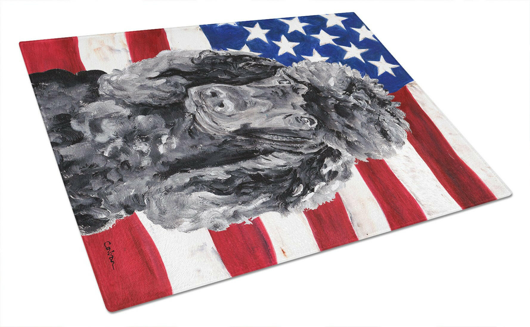 Black Standard Poodle with American Flag USA Cutting Board Tempered Glass Kitchen Cutting Surface, Heat Resistant Chopping, Non-Slip Feet, Food Prep & Serving