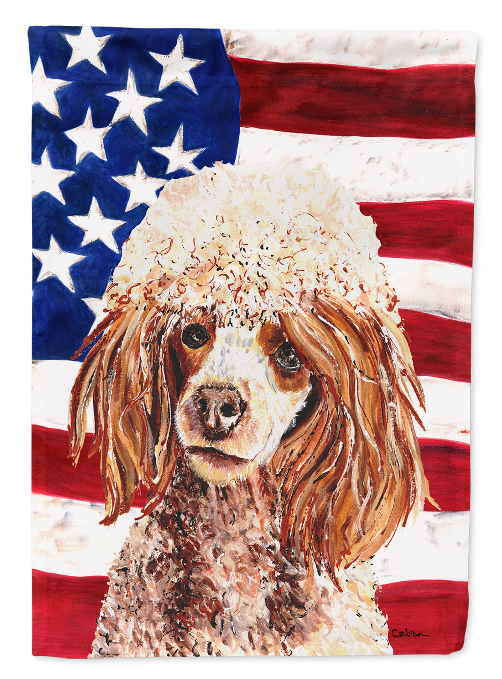 Red Miniature Poodle with American Flag USA House Flag 28x40 Porch Sleeve Pole Decorative Outside Yard Banner Artwork Wall Hanging, Polyester