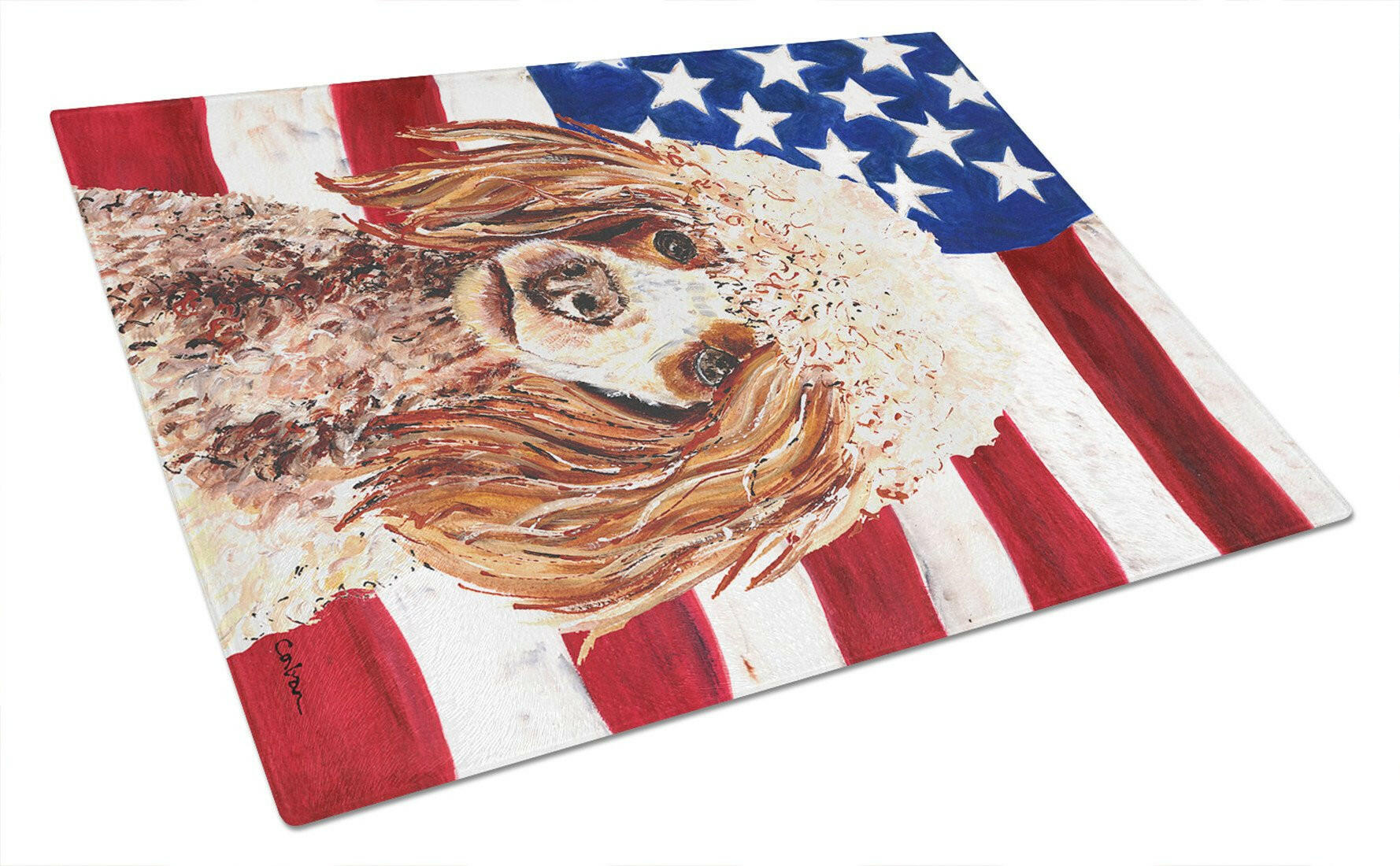 Red Miniature Poodle with American Flag USA Cutting Board Tempered Glass Kitchen Cutting Surface, Heat Resistant Chopping, Non-Slip Feet, Food Prep & Serving