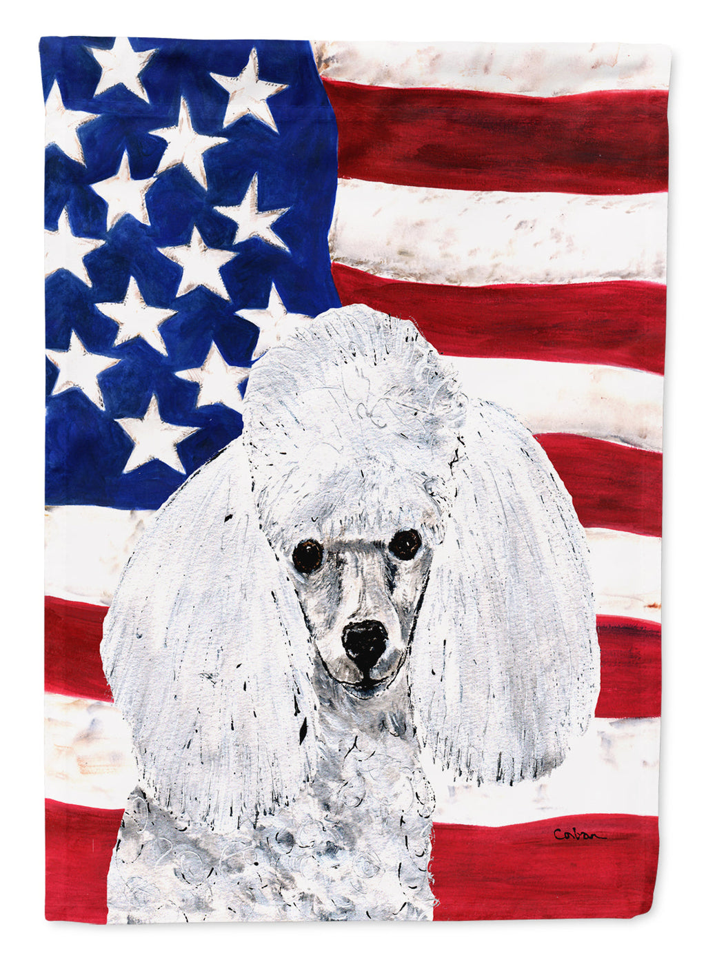 White Toy Poodle with American Flag USA House Flag 28x40 Porch Sleeve Pole Decorative Outside Yard Banner Artwork Wall Hanging, Polyester