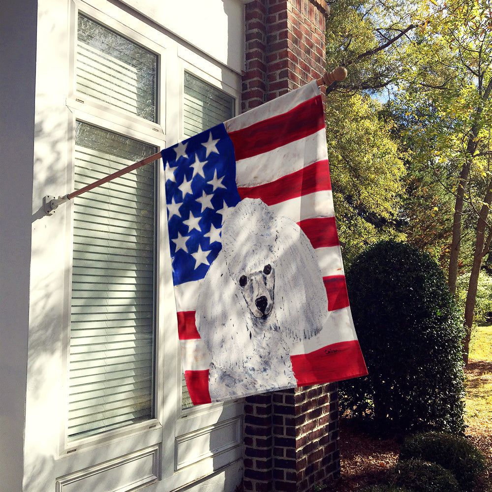 White Toy Poodle with American Flag USA House Flag 28x40 Porch Sleeve Pole Decorative Outside Yard Banner Artwork Wall Hanging, Polyester