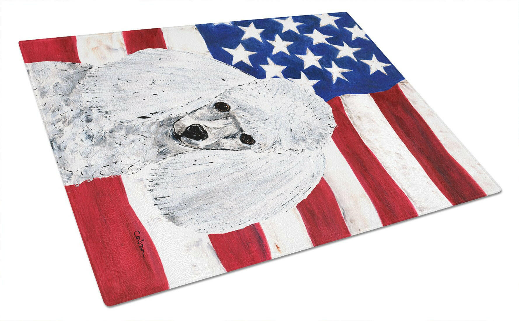 White Toy Poodle with American Flag USA Cutting Board Tempered Glass Kitchen Cutting Surface, Heat Resistant Chopping, Non-Slip Feet, Food Prep & Serving