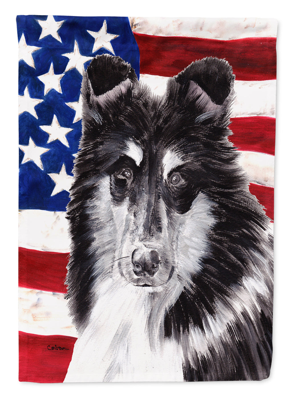 Black and White Collie with American Flag USA House Flag 28x40 Porch Sleeve Pole Decorative Outside Yard Banner Artwork Wall Hanging, Polyester