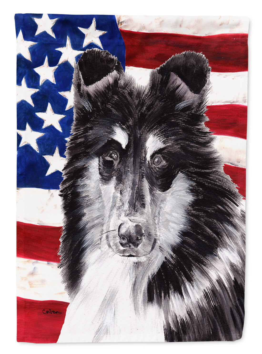 Black and White Collie with American Flag USA House Flag 28x40 Porch Sleeve Pole Decorative Outside Yard Banner Artwork Wall Hanging, Polyester