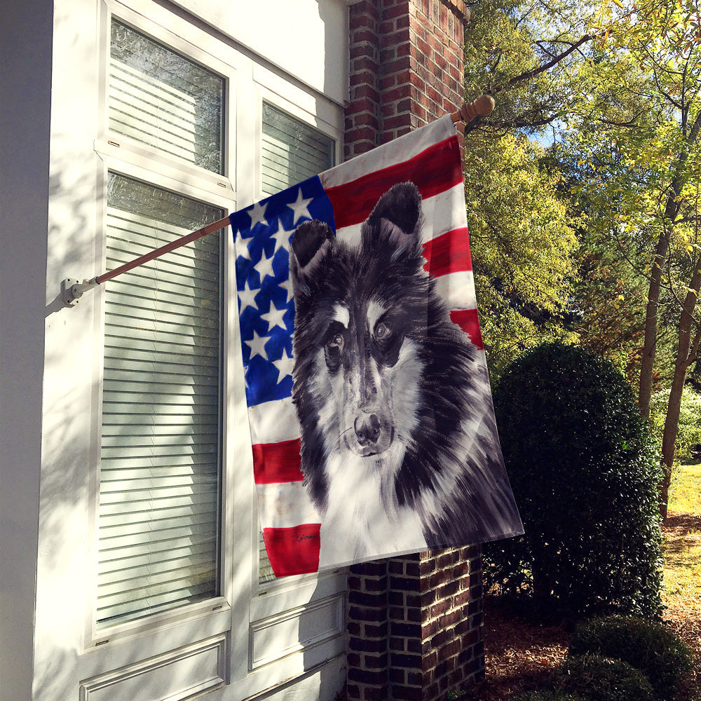 Black and White Collie with American Flag USA House Flag 28x40 Porch Sleeve Pole Decorative Outside Yard Banner Artwork Wall Hanging, Polyester