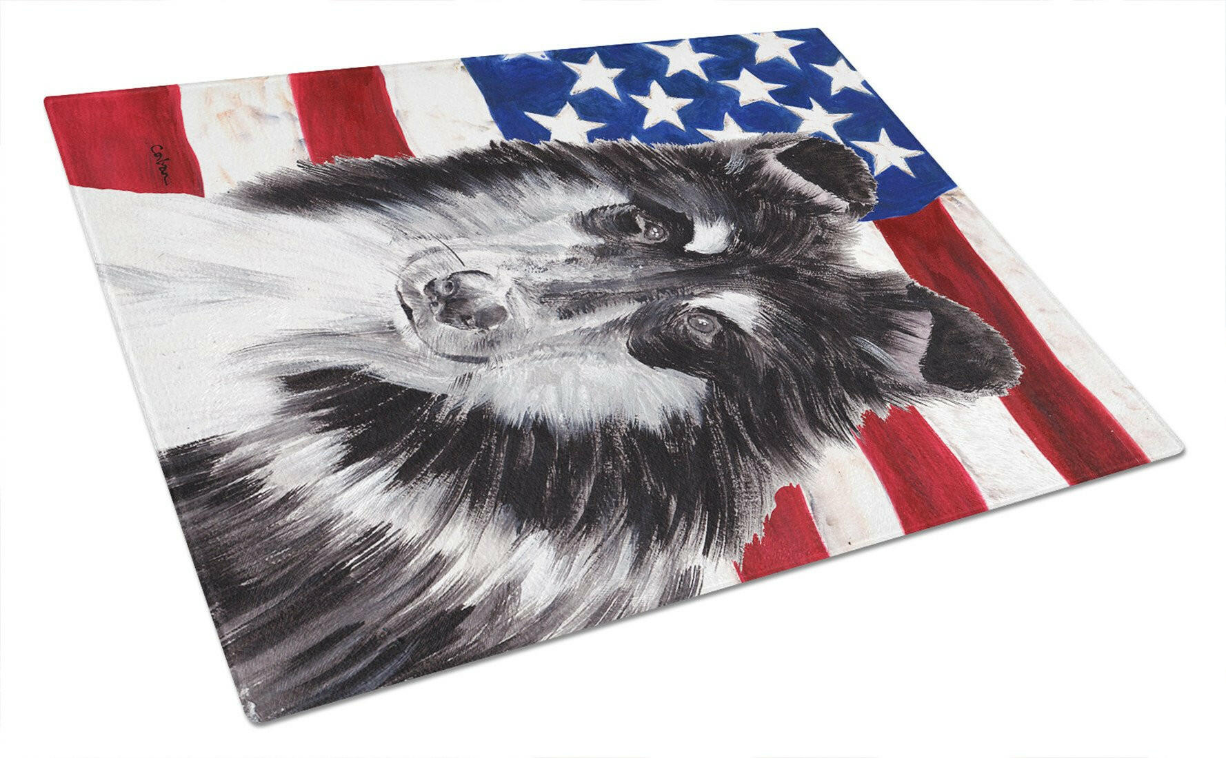 Black and White Collie with American Flag USA Cutting Board Tempered Glass Kitchen Cutting Surface, Heat Resistant Chopping, Non-Slip Feet, Food Prep & Serving