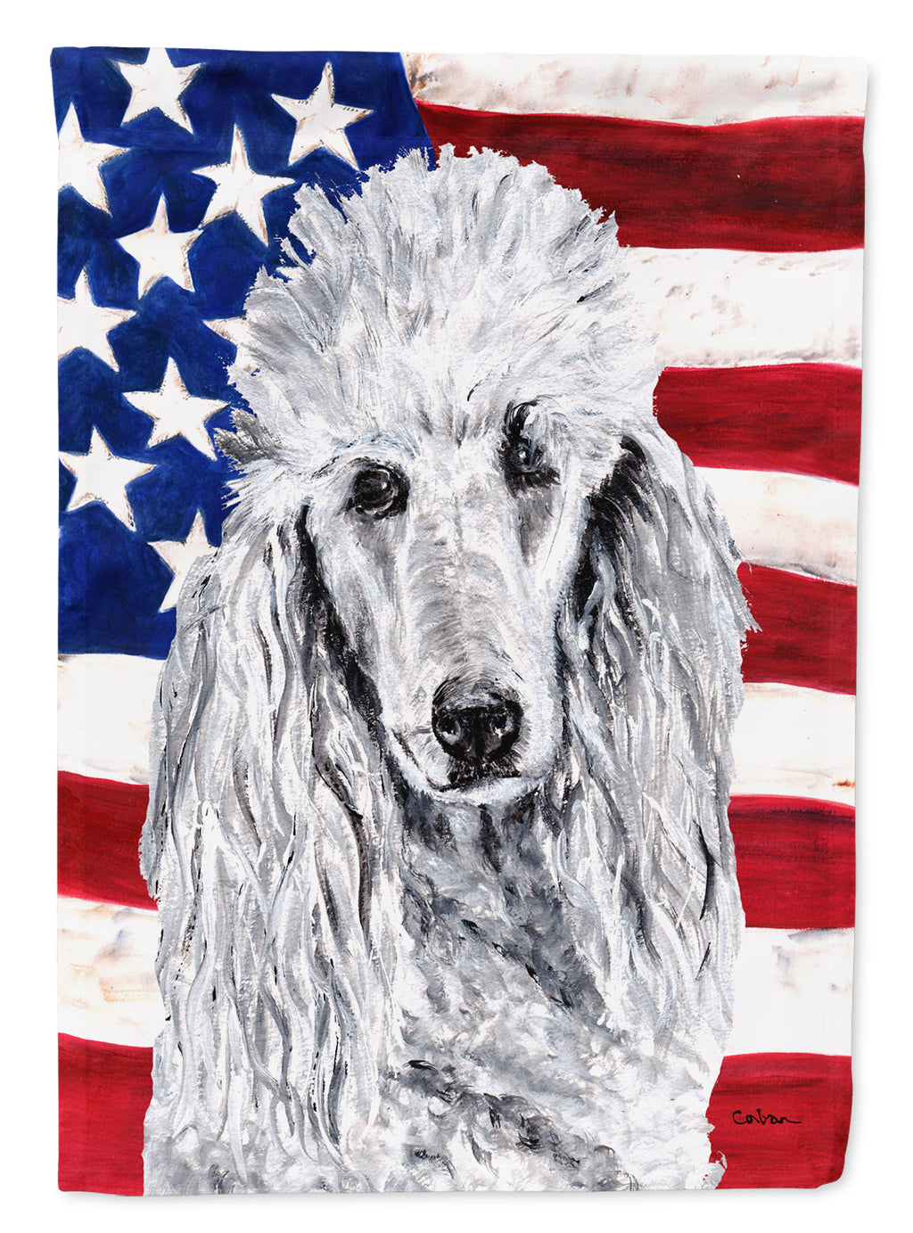 White Standard Poodle with American Flag USA House Flag 28x40 Porch Sleeve Pole Decorative Outside Yard Banner Artwork Wall Hanging, Polyester