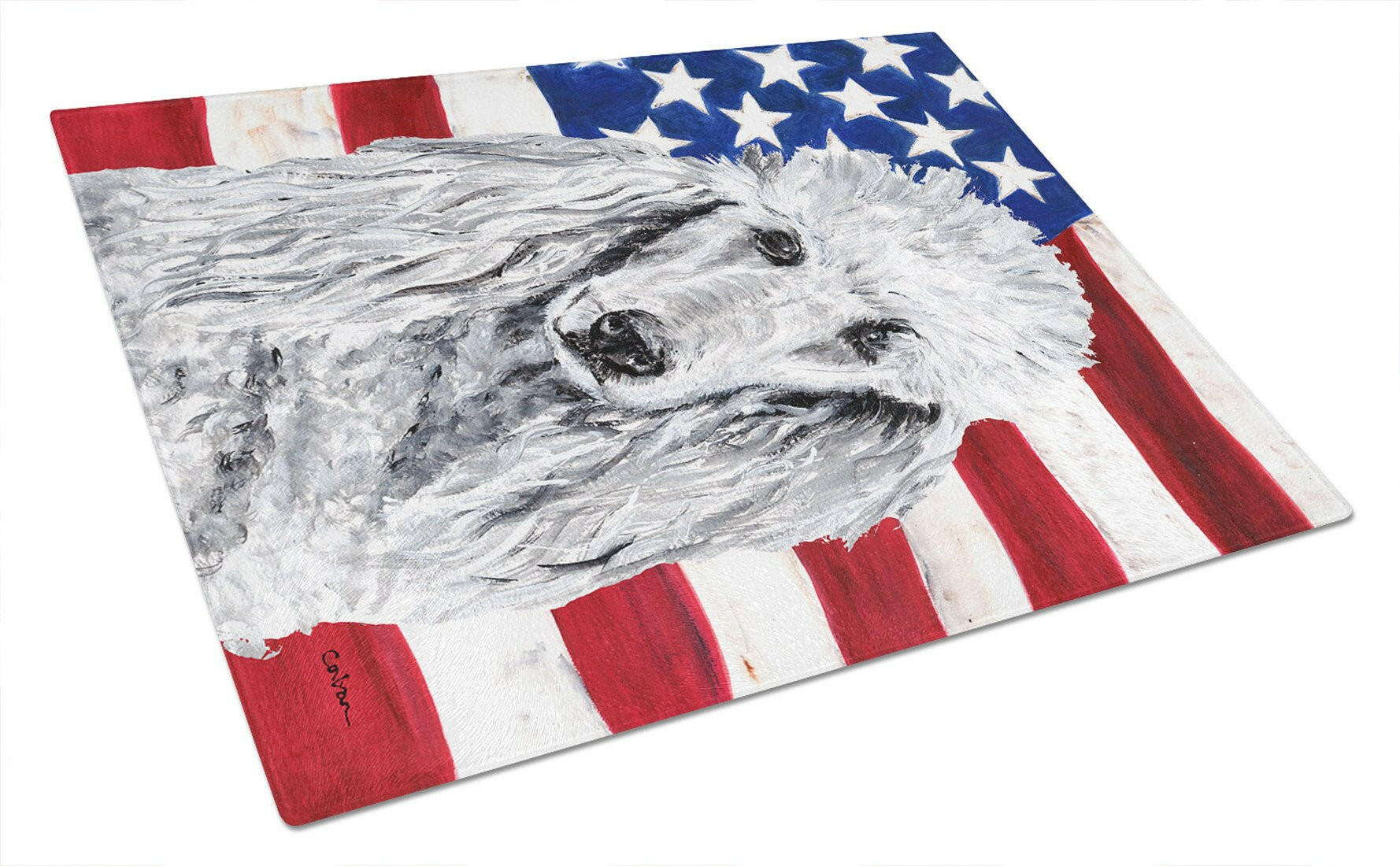 White Standard Poodle with American Flag USA Cutting Board Tempered Glass Kitchen Cutting Surface, Heat Resistant Chopping, Non-Slip Feet, Food Prep & Serving