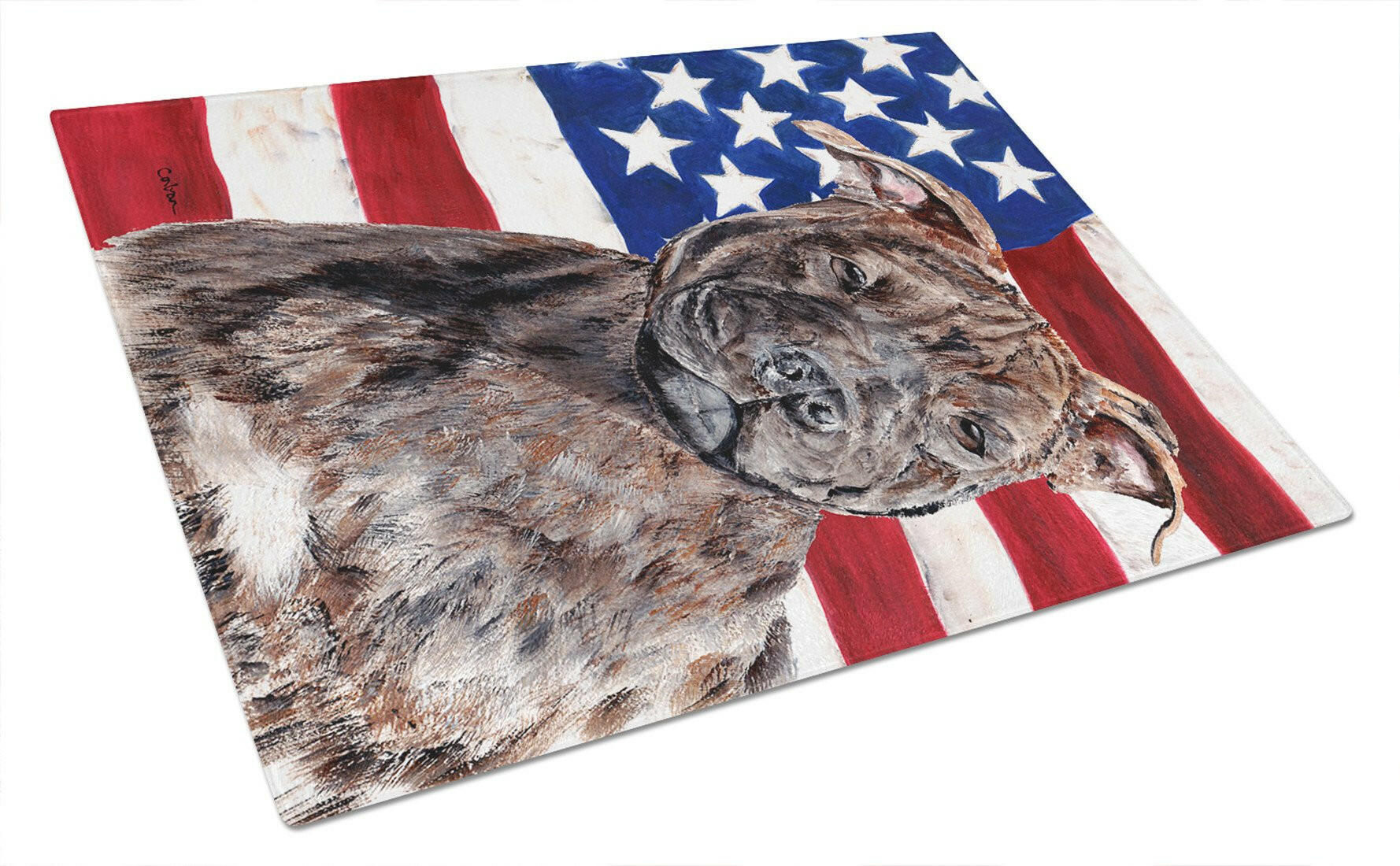 Staffordshire Bull Terrier Staffie with American Flag USA Cutting Board Tempered Glass Kitchen Cutting Surface, Heat Resistant Chopping, Non-Slip Feet, Food Prep & Serving